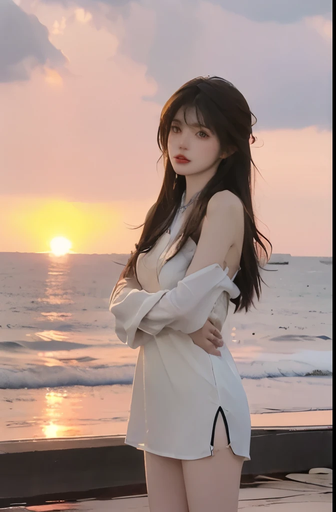 Beautiful woman with perfect body：1.4，Layered Hairstyle，Highly detailed face and skin textures，Double eyelids，Skin Whitening，Long hair，Whitened long legs，（cheongsam，necklace），Standing by the sea