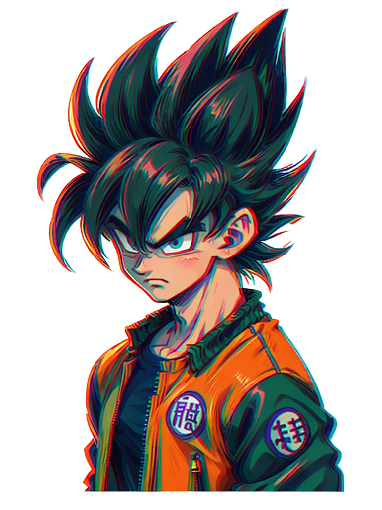 1man, solo, (masterpiece), best quality, ultra-detailed, Son Goku from Dragon Ball Z, super saiyan hair, Retro style, full body. fashion cloth, purple jean jacket, fancy, portrait, upper body, face detail, eyes detail: 1.3, simple background, green eyes, orange shirt, white background.
