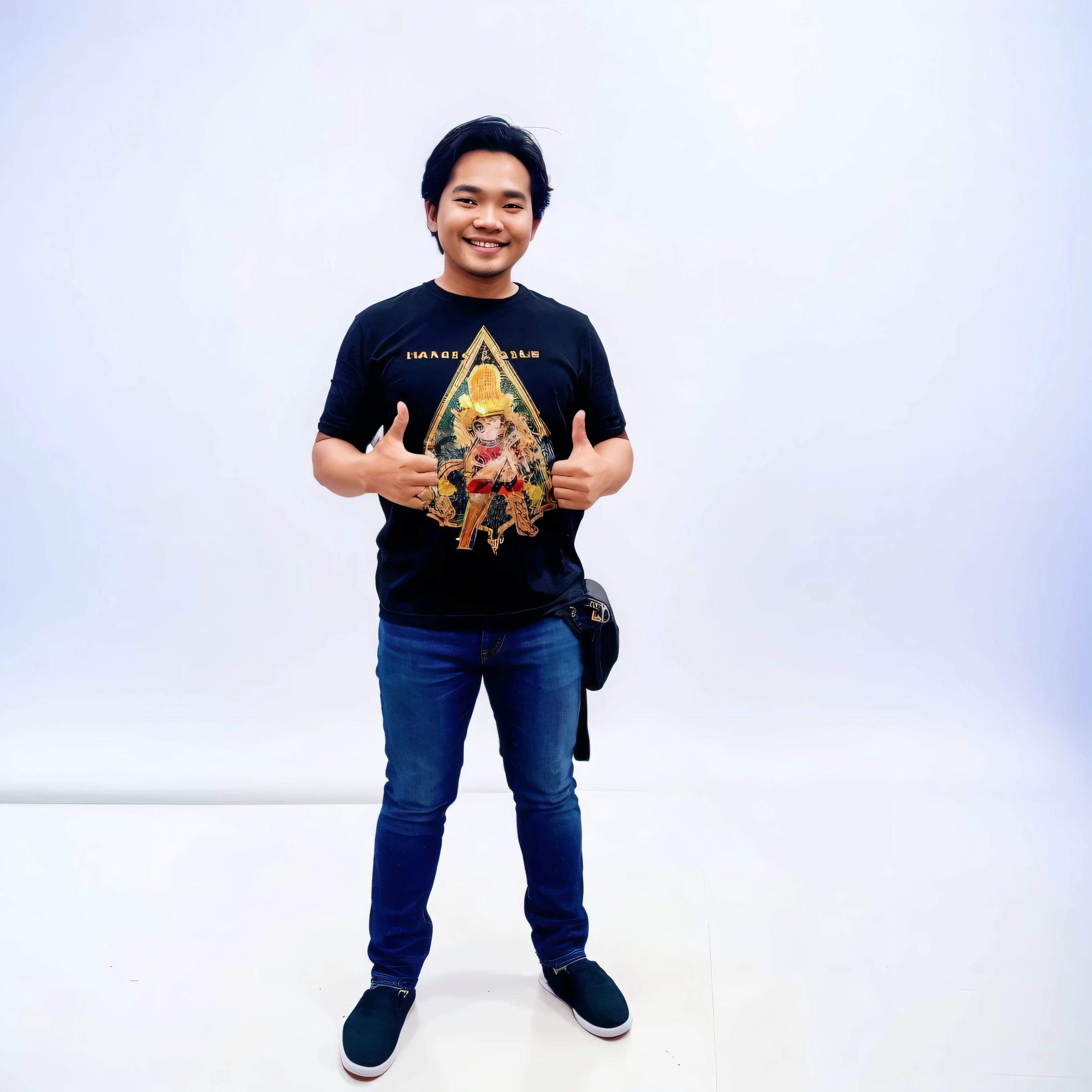Hyperrealistic 3D Cartoon style character with big head. 30 year old Indonesian man, full body, ideal build, short black hair, KPop style haircut, light green shirt, smiling and looking straight ahead with his hand giving a thumbs up, bright background. Use soft photography lighting. Hair lighting, top lighting. Hair lighting, top lighting, slide lighting, high quality photos, UHD, 16k.