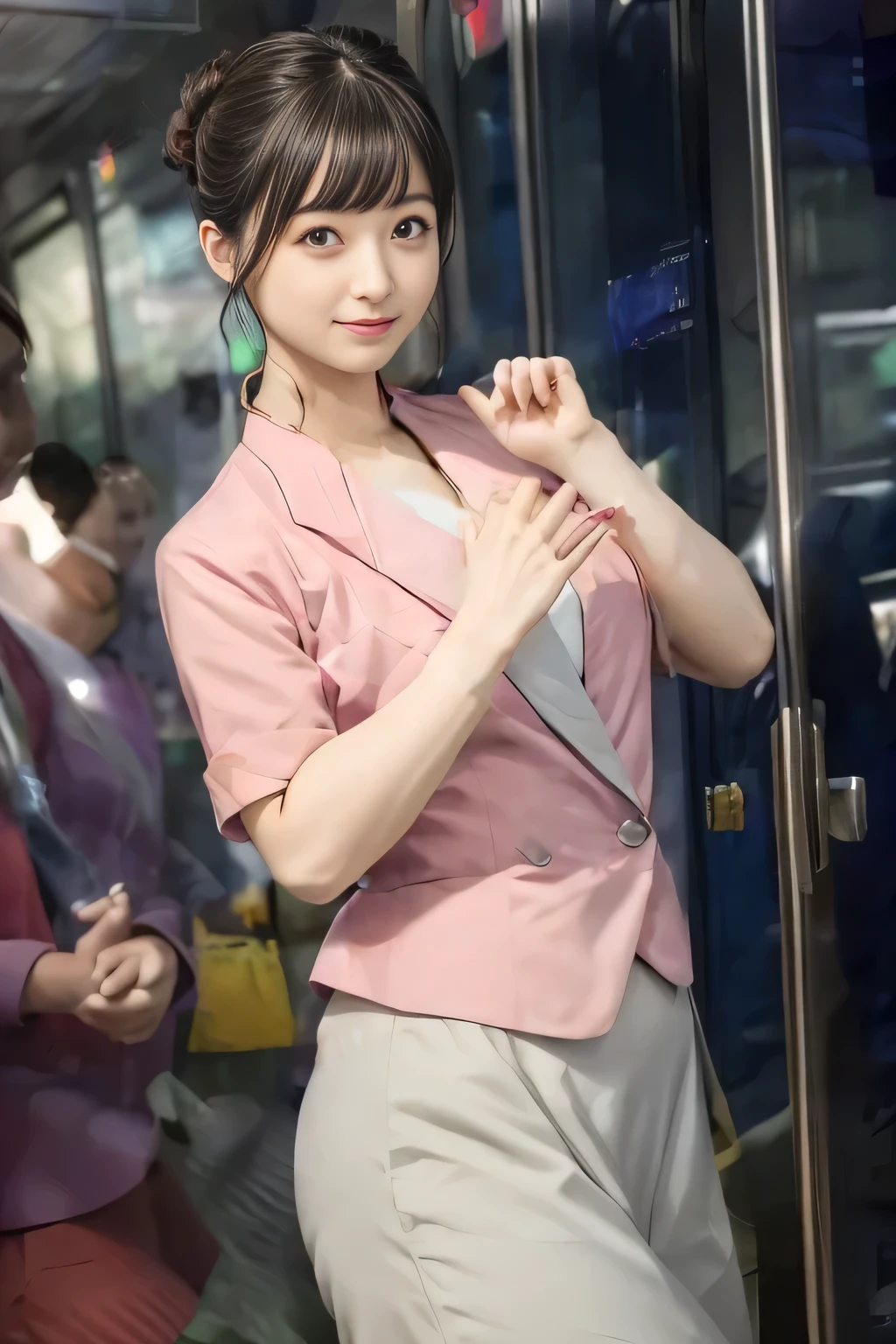 (masterpiece:1.2, highest quality:1.2), 32K HDR, High resolution, (alone、1 girl)、（On the rooftop of a building in the daytime、Professional Lighting）、Building rooftop background、（Nankai train crew uniform pinkを着たリアルスタイル）、（Nankai train crew uniform pink short sleeve collarless pink jacket、Nankai Train Crew Uniform Pink Collarless Short Sleeve Blouse、Nankai Train Crew Uniform Pink Grey Knee-length Culottes）、Dark brown hair、（Hair tied up、Hair Bun、Hair Bun）、Dark brown hair、Long Shot、Big Breasts、Thin legs、（（Great hands：2.0）），（（Harmonious body proportions：1.5）），（（Normal limbs：2.0）），（（Normal finger：2.0）），（（Delicate eyes：2.0）），（（Normal eyes：2.0））)、smile、（Nankai Train Crew Uniform Pink Grey Knee-length Culottesを見せた美しい歩く姿）、Place your hands around your stomach