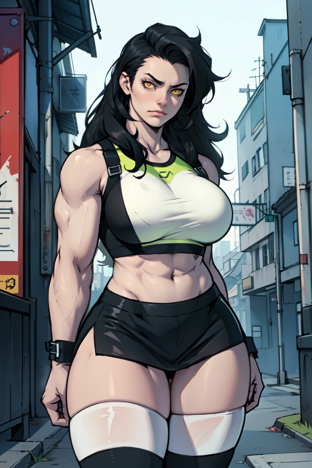 sad girl muscular girl thick girl pale skin girl black hair girl yellow eyes girl skindentation thigh highs skirt crop top midriff navel abs huge breasts long hair