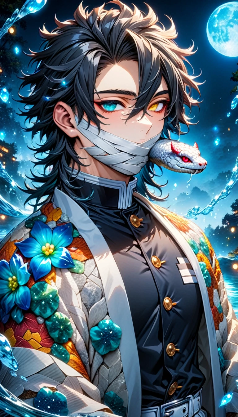 absurdres, highres, ultra detailed, HDR, masterpiece, Iguro Obanai, straight-edged black hair of varying lengths, hair between the eyes, heterochromia, right eye turquoise, bandages over his mouth, left eye yellow, Kimetsu No Yaiba, solo, sexy man, handsome, white haori with black lines, demon slayer uniform, white small snake on his shoulder, magical, fantasy, water, blue moon, starry, blue fireflies, blue flowers