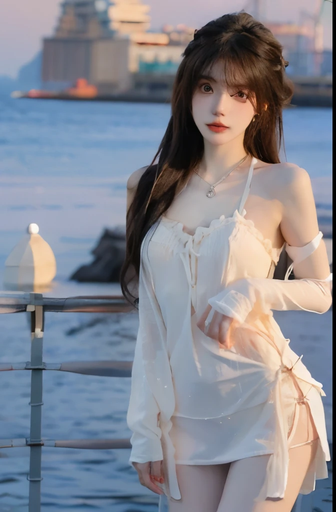 Beautiful woman with perfect body：1.4，Layered Hairstyle，Highly detailed face and skin textures，Double eyelids，Skin Whitening，Long hair，Whitened long legs，（cheongsam，necklace），Standing by the sea