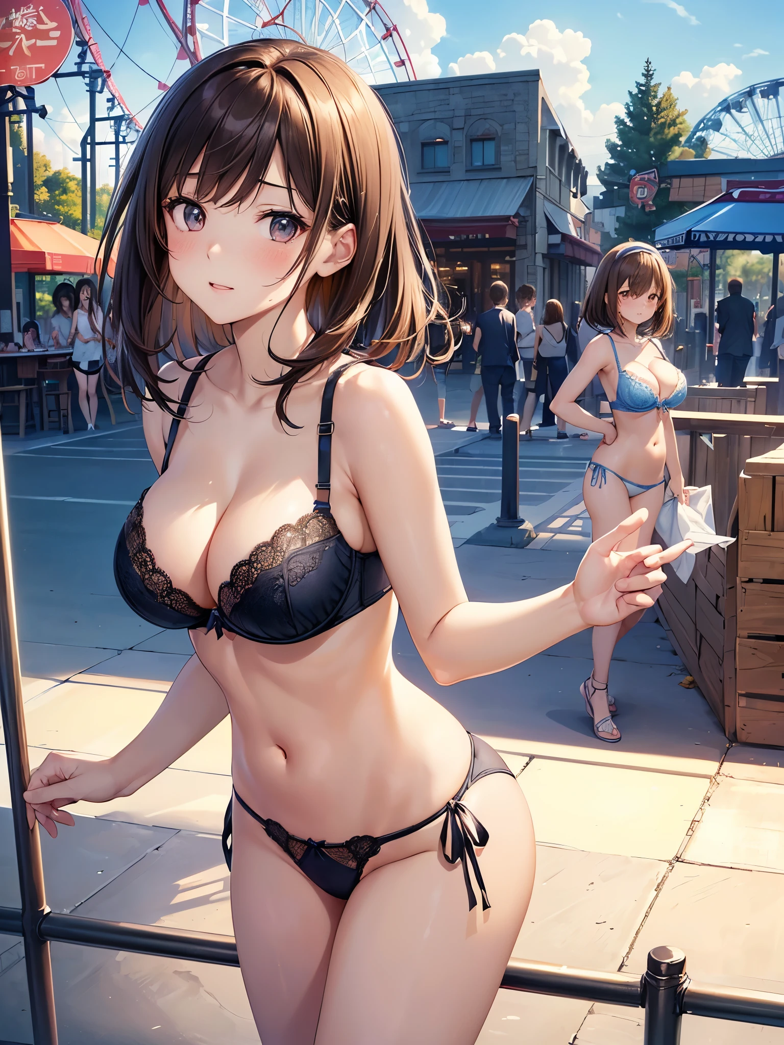 (((masterpiece, highest quality, High resolution, 超High resolution, Perfect Pixel, Depth of written boundary, 4K, RTTX 10.0))), Beautiful Anime Woman, Beautiful art style, Anime characters, ((Smooth texture, Realistic texture, Anime CG Style)), Exact finger count、Exact number of legs、(Exact number of arms:1.0, Exact number of hands:1.0), (Perfect hands, Perfect Anatomy), Cinematic, Realistic, Extremely detailed CG, Daytime lighting, Perfect lighting, Best Shadow, The best natural light, whole body, Perfect body, (Slender body:1.2), ((Long Hair, bangs, Dark brown hair, Stylish hairstyle, Bobcut)), ((1人のcute女性はセクシーにポーズをとっている:1.6)), ((Alone:1.0)), beauty, cute, ((セクシーでcute青下着:1.3), (Stylish shiny blue satin panties, Side-tie panties:1.3), (Thin panties:1.3), (Blue micro lace satin bra, Thin bra:1.3):1.3), (Beautiful and big breasts, Cleavage:1.4), (Beautiful and thin thighs:1.3), Feeling embarrassed, (blush:1.2), (Very embarrassed look:1.4), Troubled expression, (At an outdoor amusement park, Roller coaster and Ferris wheel behind, Happy people in the background々, Cafe:1.3), naked, In underwear, Waitress in underwear, Maid Headband, whole body, (Underwear waitress carrying drinks:1), Angle from the front
