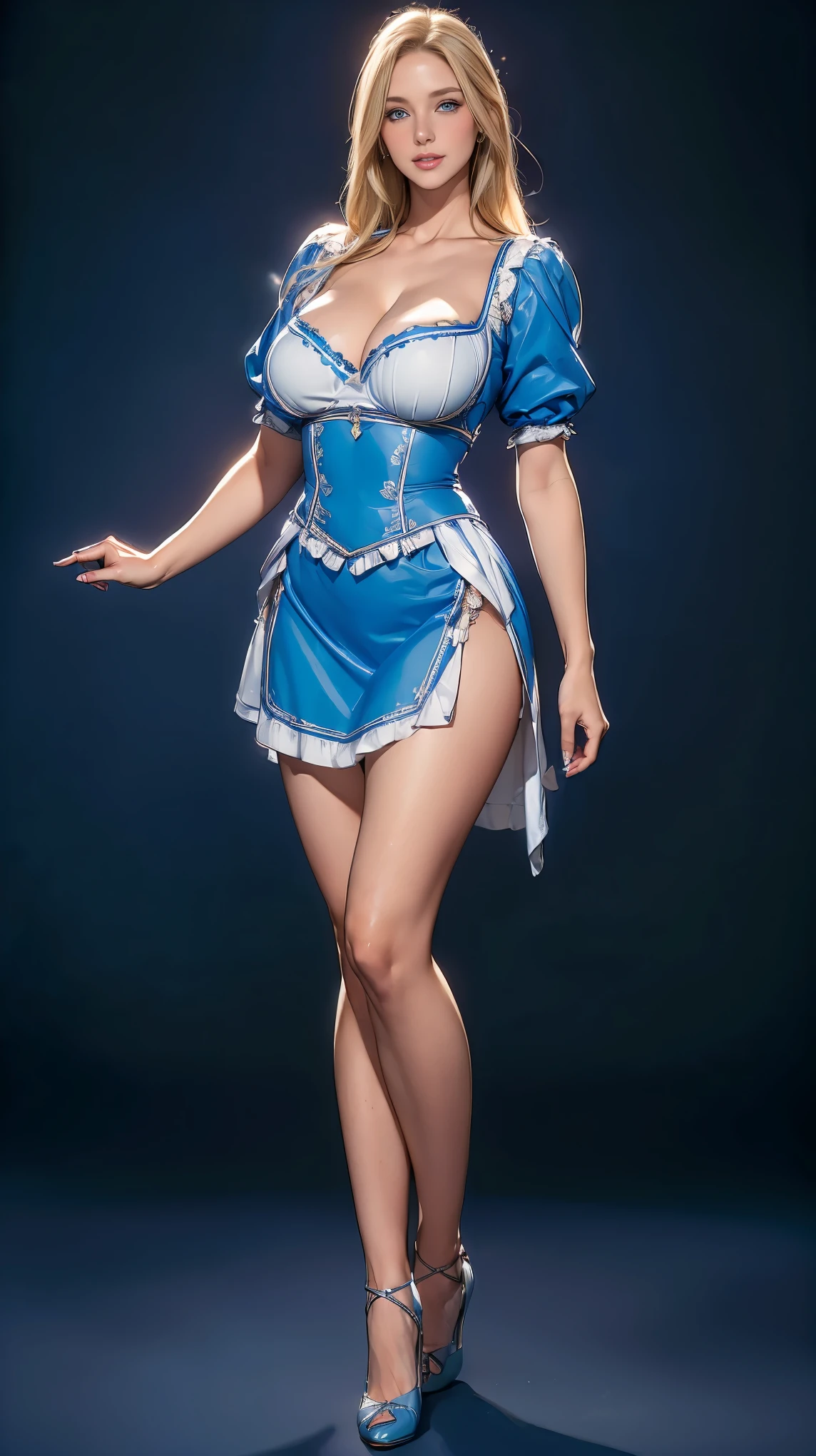 (best quality, ultra-detailed, realistic:1.37), Bavarian woman, long blond hair, blue eyes, curvaceous body, short skirt Dirndl Dress, partial exposed , alluring mole, matureonfident, milf, vibranlors, studio lighting, ((full body pose)), Bavarian nature background.
