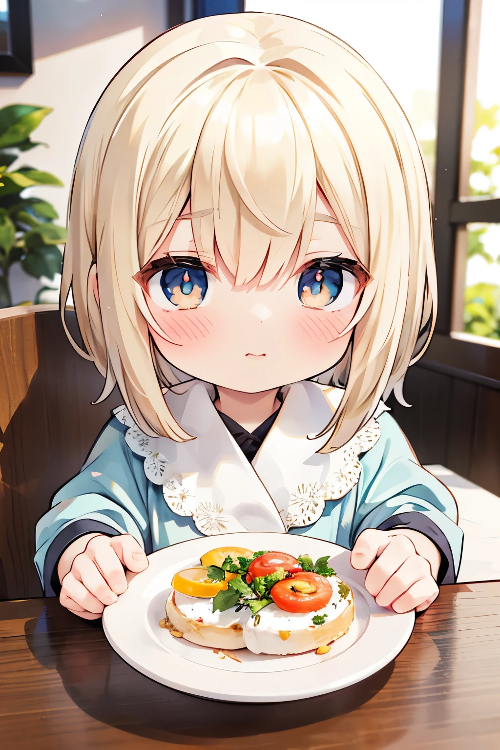 Photorealistic Chibi Girl Doll、sitting at the table eating breakfast、Detailed face、Beautiful Eyes、Detailed Hair、Delicate hands、Complex clothing folds、Warm lighting、Soft Focus、8K、high quality、masterpiece、Ultra-realistic、Detailed Texture、Realistic lighting and shadows、Bright colors、Natural tones