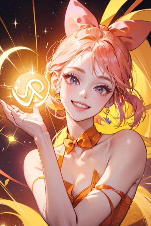 Peacetchi has a orange body with a light yellow face. Her hair is tied up in a "peace" symbol with a large pink bow, she has thin limbs, eyelashes, and a perpetual smile. SPARKLE; GLITTER