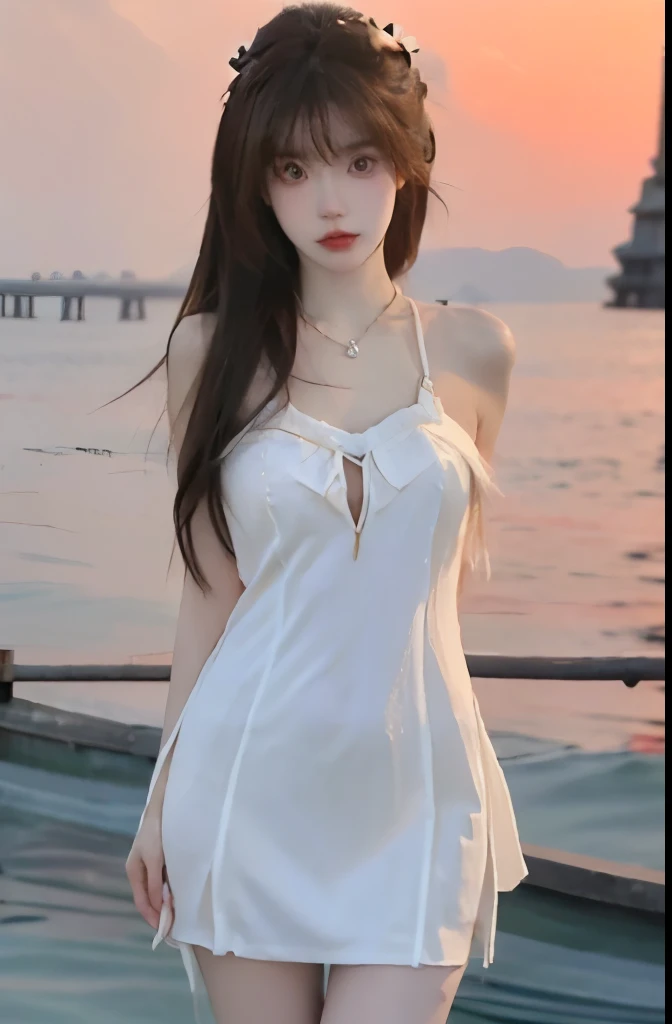 Beautiful woman with perfect body:1.4,Layered Hairstyle,Highly detailed face and skin textures,Double eyelids,Skin Whitening,Long hair,Whitened long legs,(cheongsam,necklace),Standing by the sea