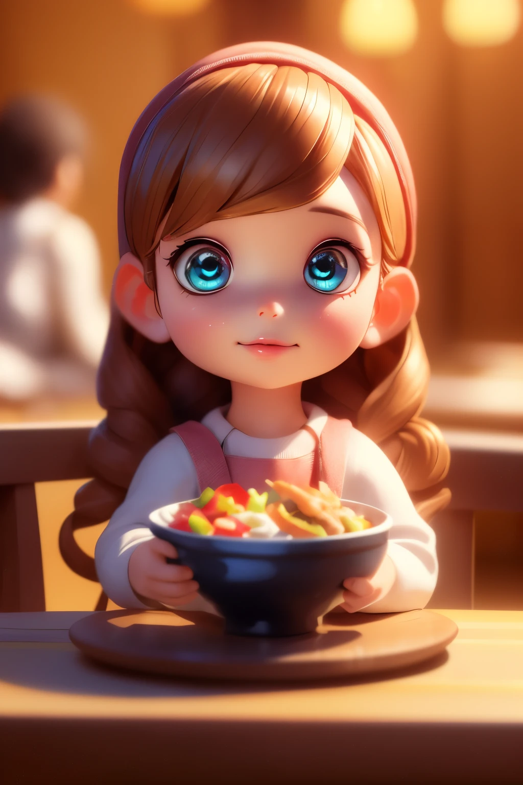 Photorealistic Chibi Girl Doll、sitting at the table eating breakfast、Detailed face、Beautiful Eyes、Detailed Hair、Delicate hands、Complex clothing folds、Warm lighting、Soft Focus、8K、high quality、masterpiece、Ultra-realistic、Detailed Texture、Realistic lighting and shadows、Bright colors、Natural tones