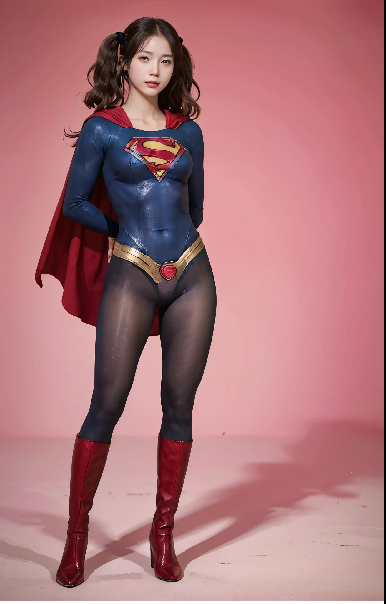 No background、(((Beautiful legs in black tights.)))、(((Legally express the beauty of your smile)))、((((Make the most of your original images)))、(((Body-hugging Supergirl costume)))、(((Supergirl Costume)))、(((Beautiful hair with twin tails)))、(((suffering)))、(((Please wear black tights....、Wear red boots)))、((Best image quality、8k))、((highest quality、8k、masterpiece:1.3))、(((Preserve background )))、Sharp focus:1.2、Beautiful woman with perfect figure:1.4、Slim Abs:1.2、Wet body:1.5、Highly detailed face and skin texture、8k