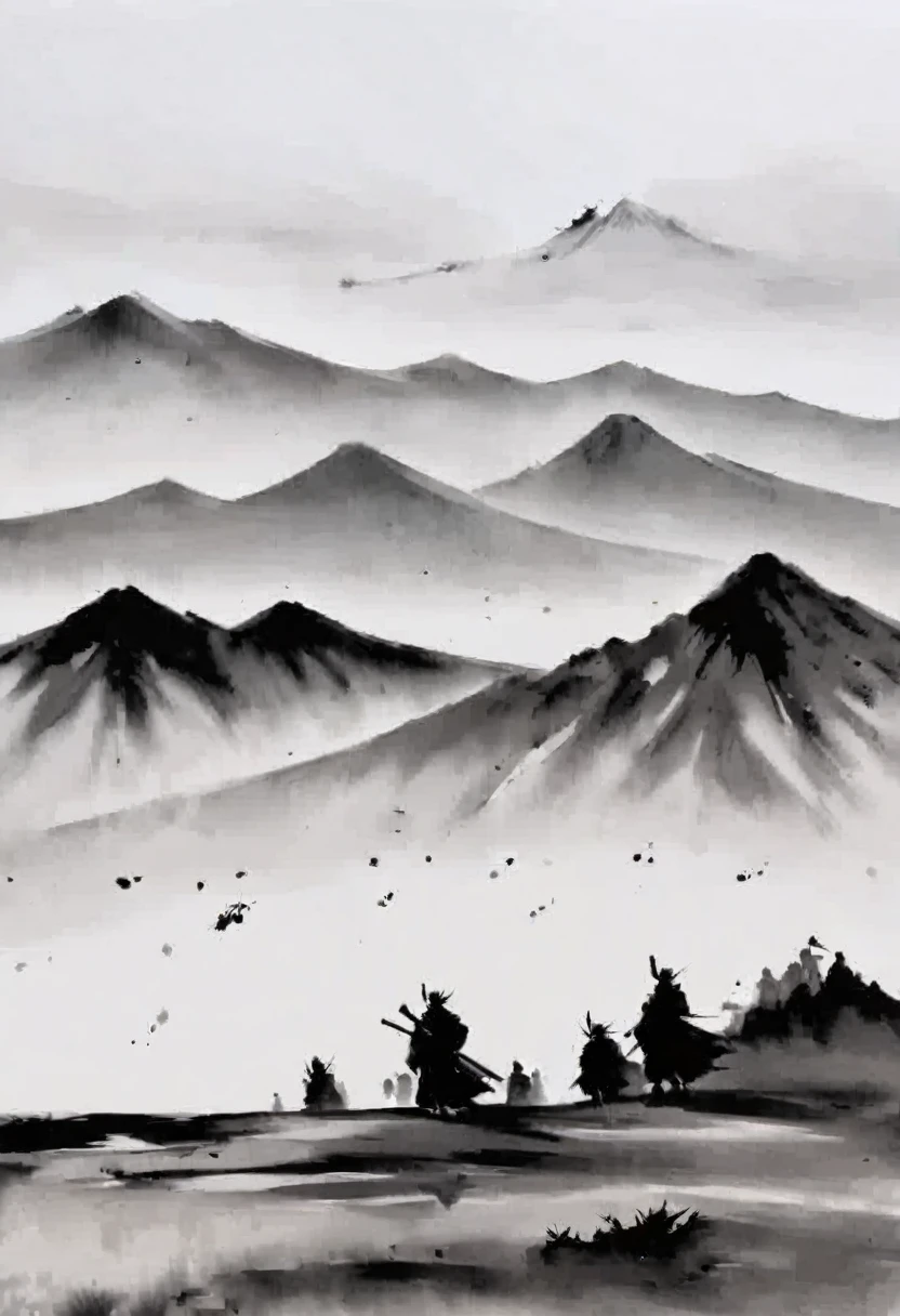 (Lots of white space:1.5)，The great blank, White background, simple, Minimalism, abstract,Freehand，Aesthetic，black and white，Ink Painting，antiquity，Mountain，People in the distance