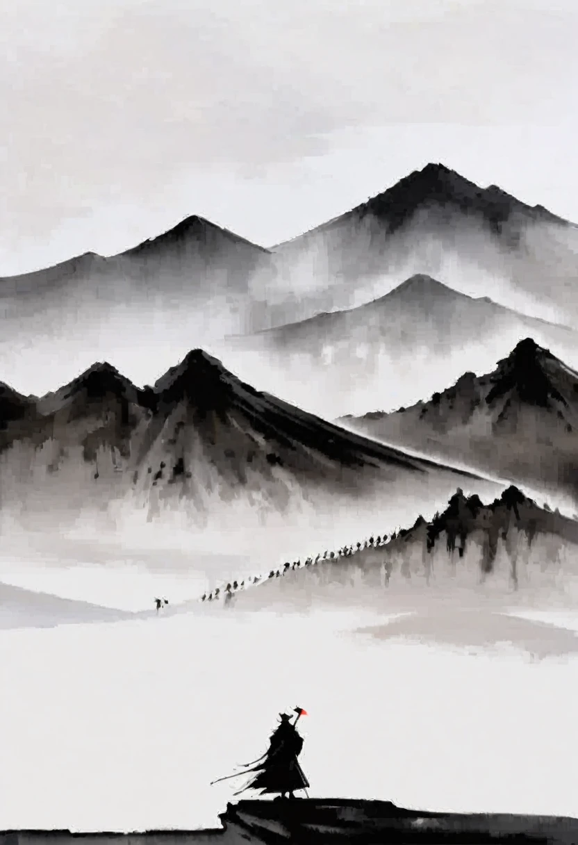 (Lots of white space:1.5)，The great blank, White background, simple, Minimalism, abstract,Freehand，Aesthetic，black and white，Ink Painting，antiquity，Mountain，People in the distance