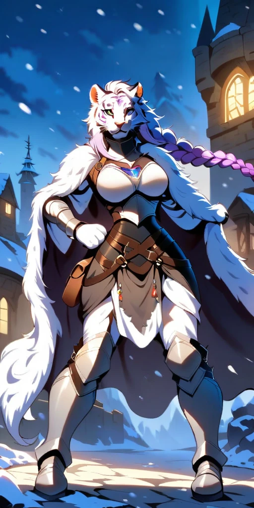 Furry white tiger woman stands on the street of a snowy castle, wearing shining armor (armor with a mirror surface) and a fur cape, winter, snowing, Medieval times, fantasy, white tiger woman, (Women - White Tiger), (Furry), Sakimichan art, white and black palette