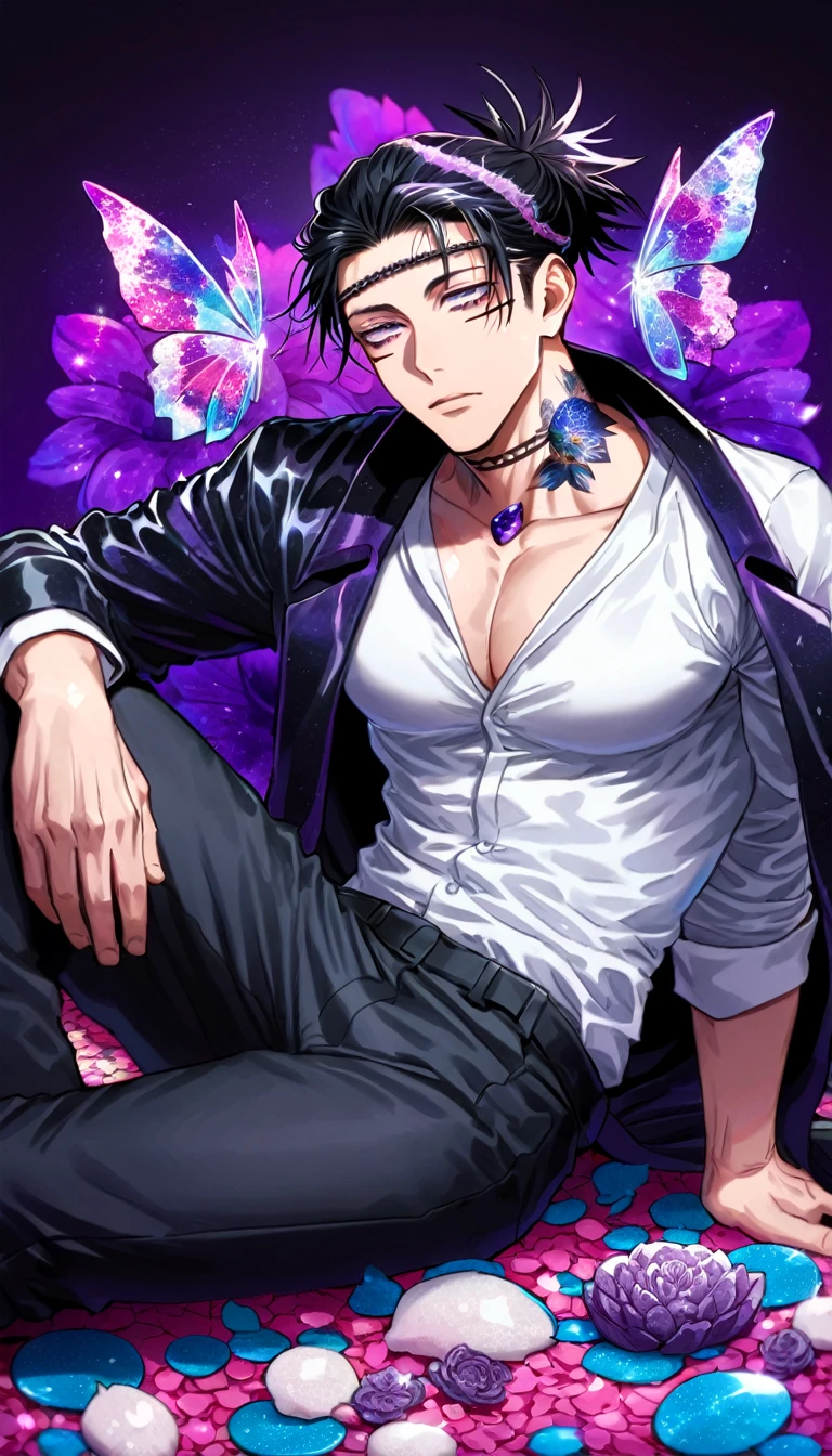 Ultra detailed, Highres, absurdres, HDR, Choso, black hair, expressive purple eyes, black coat with patterns, Jujutsu Kaisen, white shirt, fantasy, glittering purple butterflies, petals, handsome, sexy man, solo, very detailed eyes and face, master piece, toned chest, glittering, purple flowers, sitting, tattoo on his neck, black pants, purple background