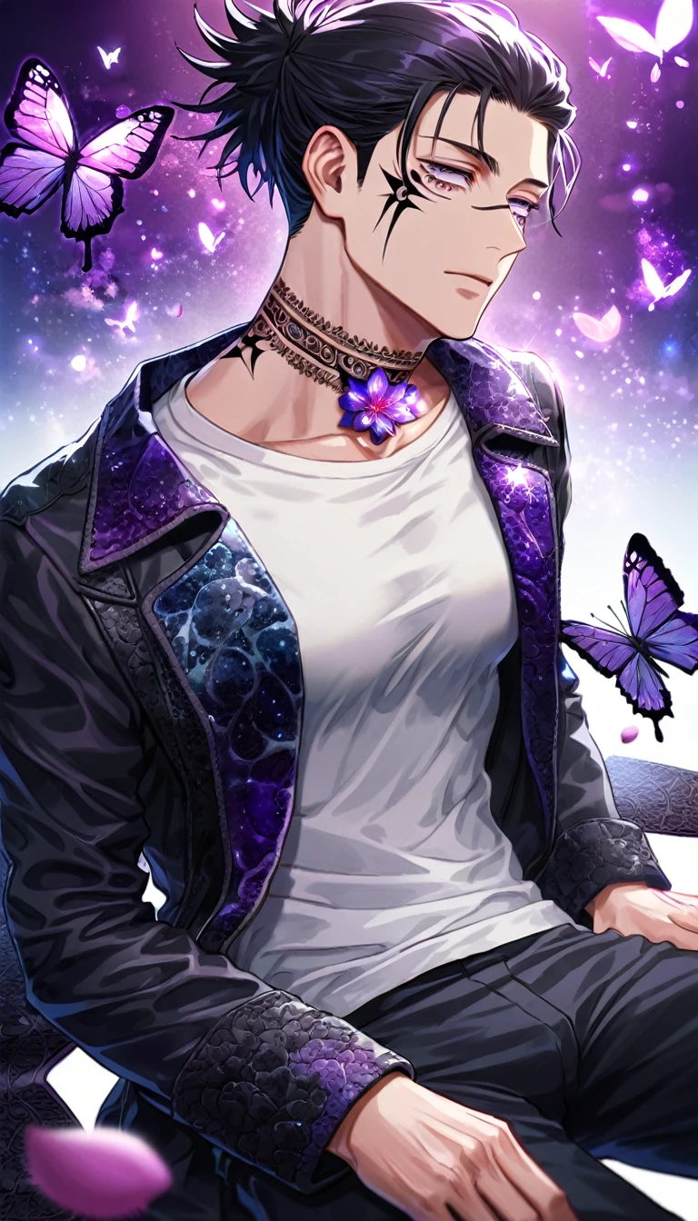 Ultra detailed, Highres, absurdres, HDR, Choso, black hair, expressive purple eyes, black coat with patterns, Jujutsu Kaisen, white shirt, fantasy, glittering purple butterflies, petals, handsome, sexy man, solo, very detailed eyes and face, master piece, toned chest, glittering, purple flowers, sitting, tattoo on his neck, black pants, purple background