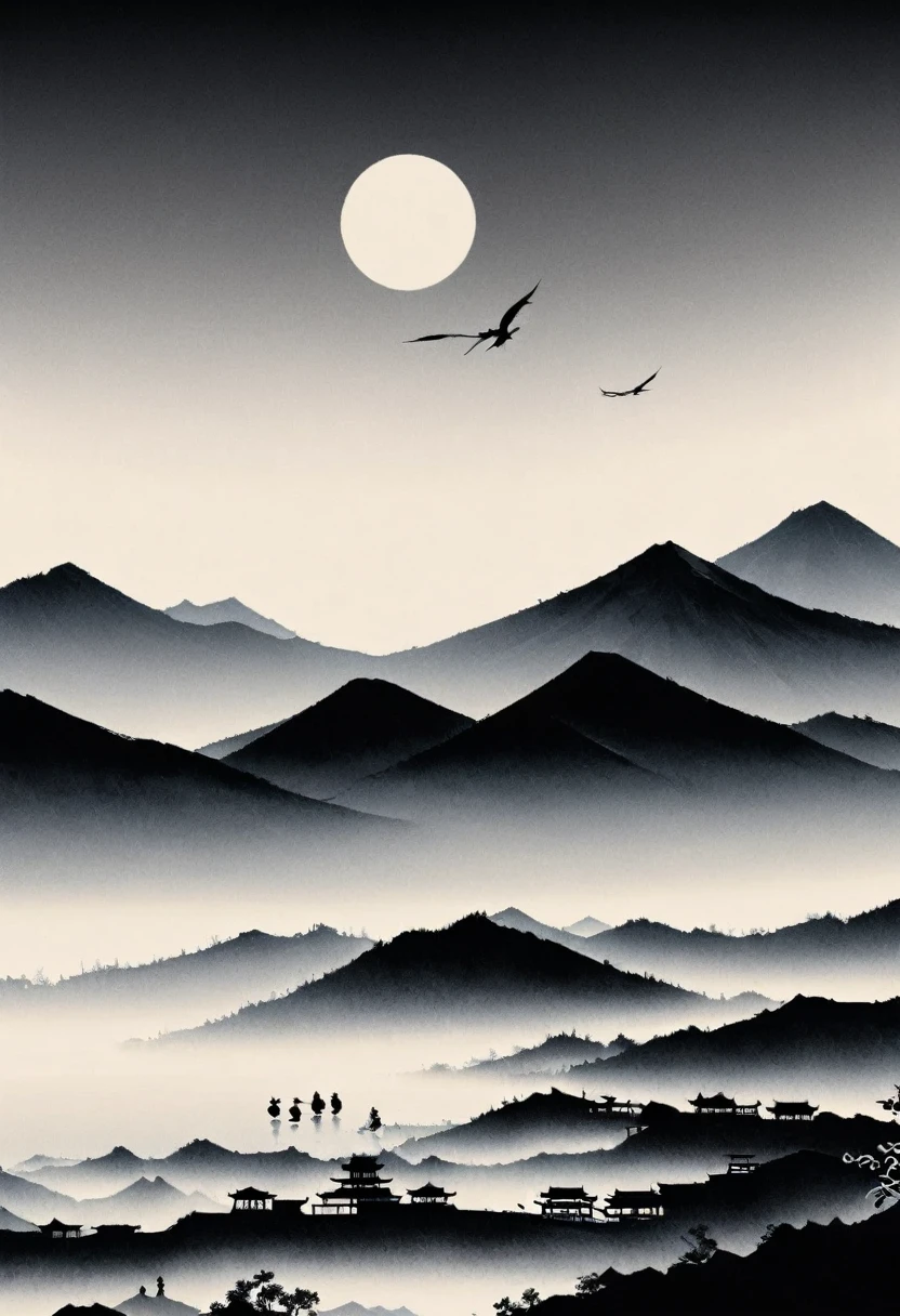 (大量留white:1.5),white, white色背景, simple, Minimalism, abstract,Freehand,Aesthetic,黑与white,Ink Painting,antiquity,Mountain,People in the distance
