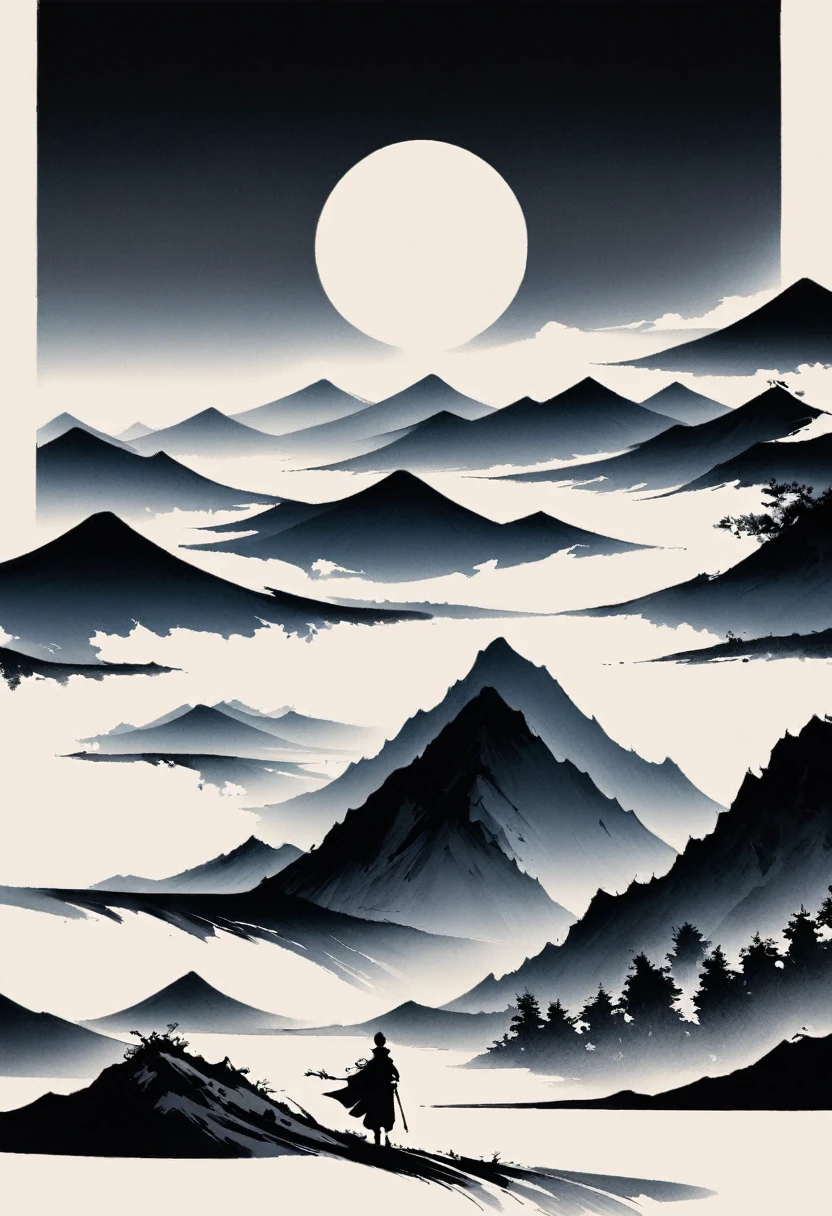 (大量留white:1.5),white, white色背景, simple, Minimalism, abstract,Freehand,Aesthetic,黑与white,Ink Painting,antiquity,Mountain,People in the distance