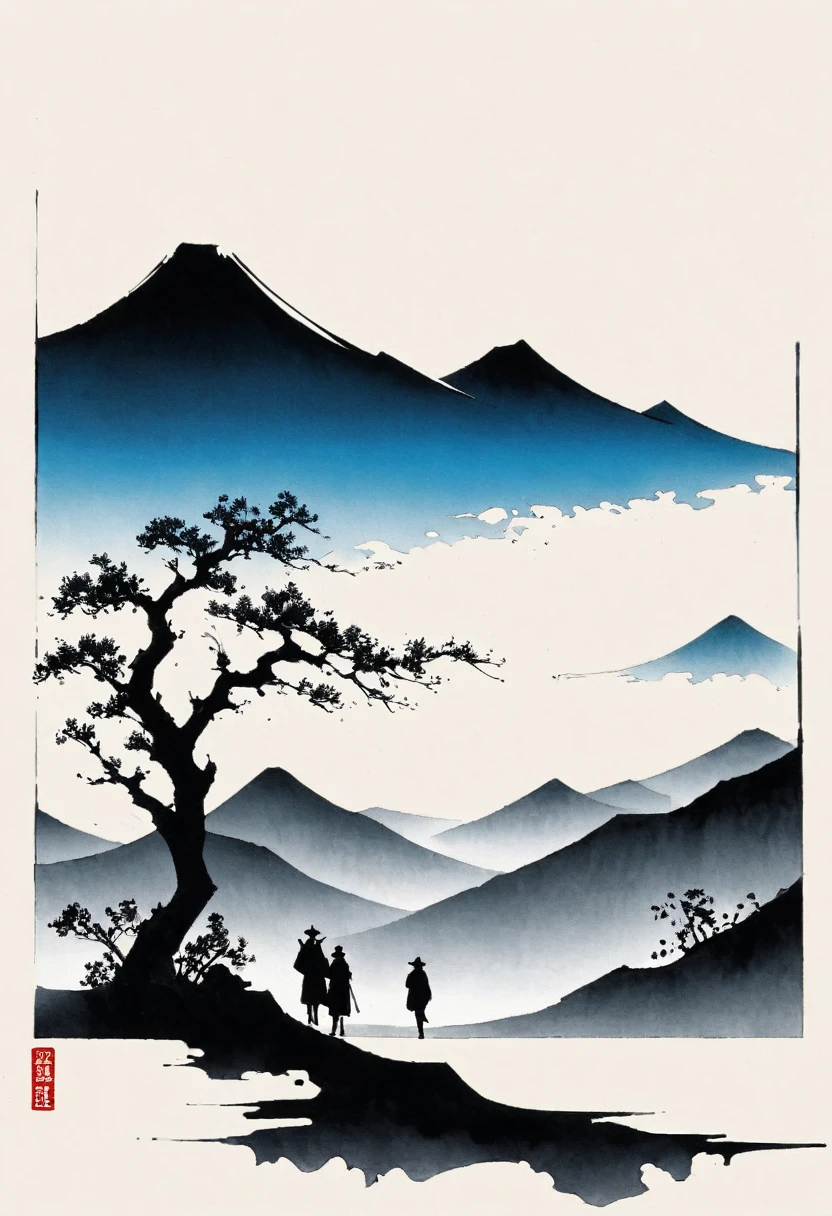 (大量留white:1.5)，white, white色背景, simple, Minimalism, abstract,Freehand，Aesthetic，黑与white，Ink Painting，antiquity，Mountain，People in the distance