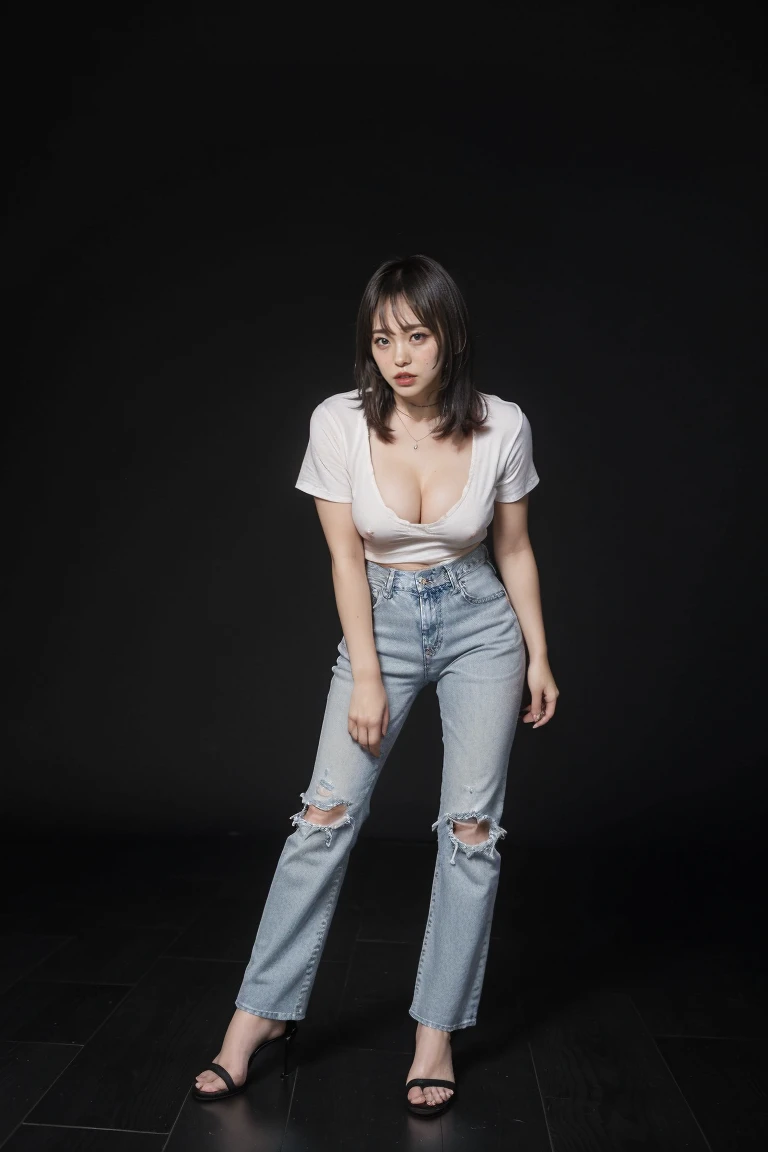 (highest quality,8k,32k,masterpiece,Ultra-high resolution:1.exy expression:1.2)), ((Medium Hair,Beautiful bangs:1.5)), Shooting from directly in front:1.2, Professional Lighting, Flash photography:1.5, Shaded photos,((Cleava,((small br (full body:ong shot:1.5), (Head to Toe:1.8), Choker Necklace, ((Plain black background and floor:1.8)), (A Horizon Photography Studio with a plain black background:1.8),((Black open-necked T-shirt:1.5)),((Wide-leg denim pants:1.5)), ((Black stiletto heels:1.2)), ((I can't look directly at the nipples:1.5, Know the shaper nipples:1.6))