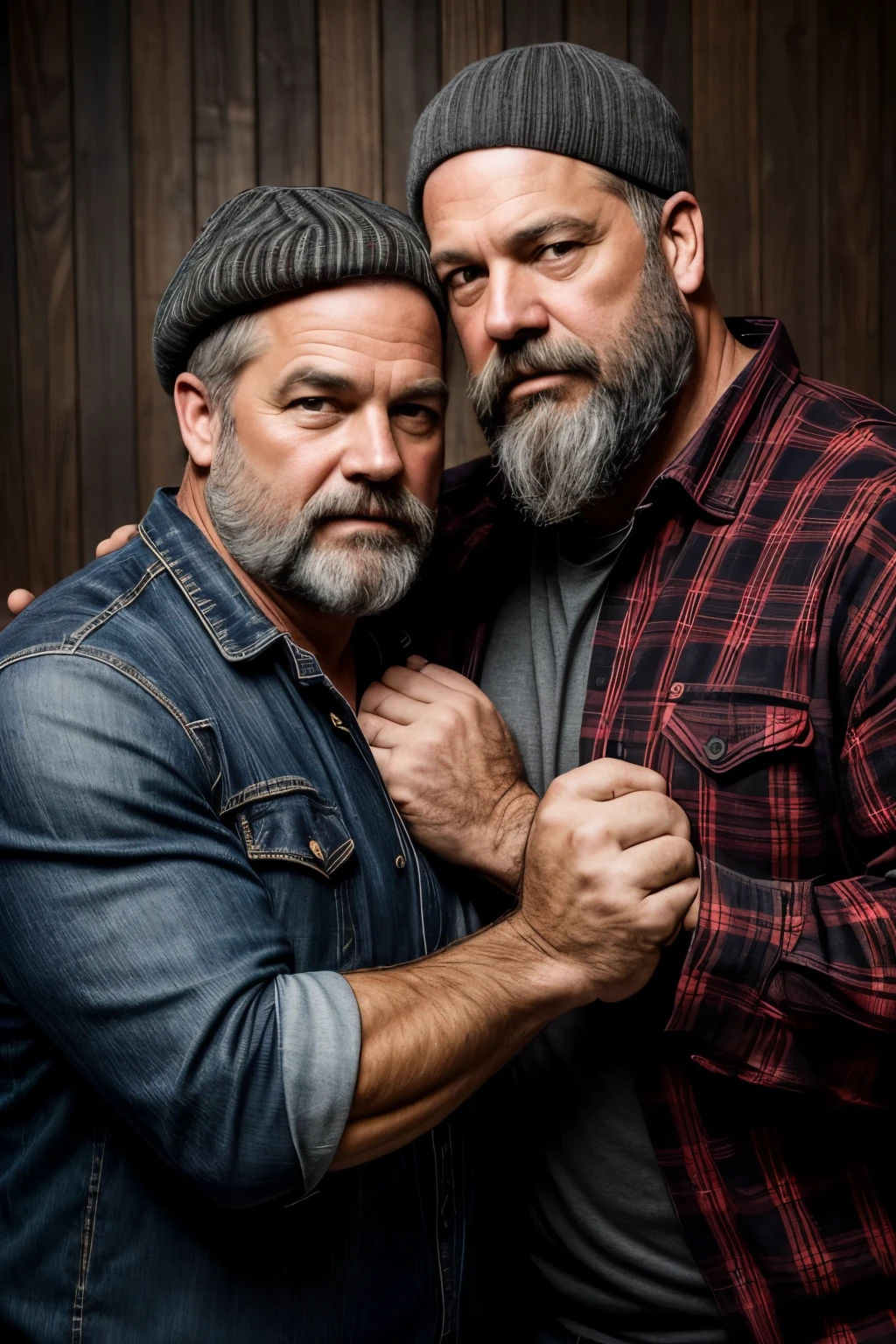 "Create a professional studio-style photograph featuring two middle-aged, burly, and rugged men in lumberjack attire. They have beards, caps, checkered shirts, and worn-out jeans. They are facing each other, their faces almost close, in a romantic and virile scene. Utilize all appropriate lighting techniques for studio photography. The background should be black."