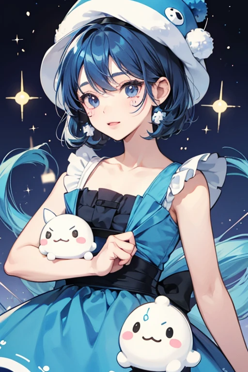 Pekopekotchi is a white Tamagotchi. She has small and round black eyes with cheek marks on her face. She has a blue "hat" that looks like Chamametchi's, except the ears are floppier. She has a blue dress, with two pompoms on strings at the front. SPARKLE; GLITTER