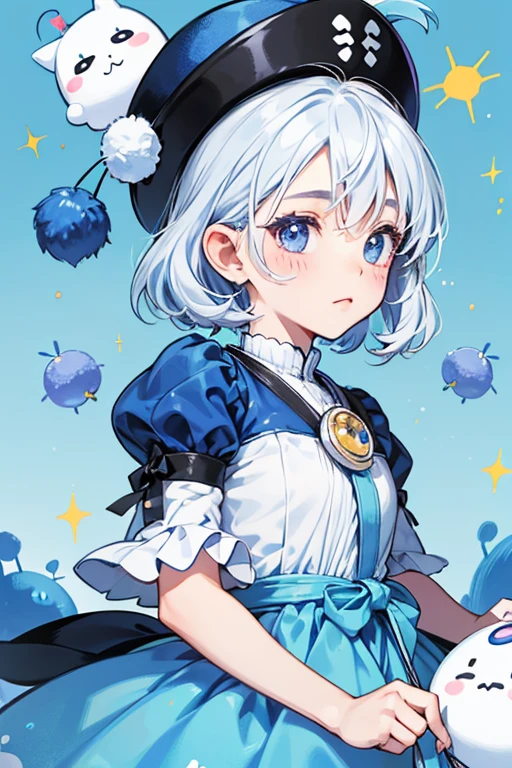 Pekopekotchi is a white Tamagotchi. She has small and round black eyes with cheek marks on her face. She has a blue "hat" that looks like Chamametchi's, except the ears are floppier. She has a blue dress, with two pompoms on strings at the front. SPARKLE; GLITTER