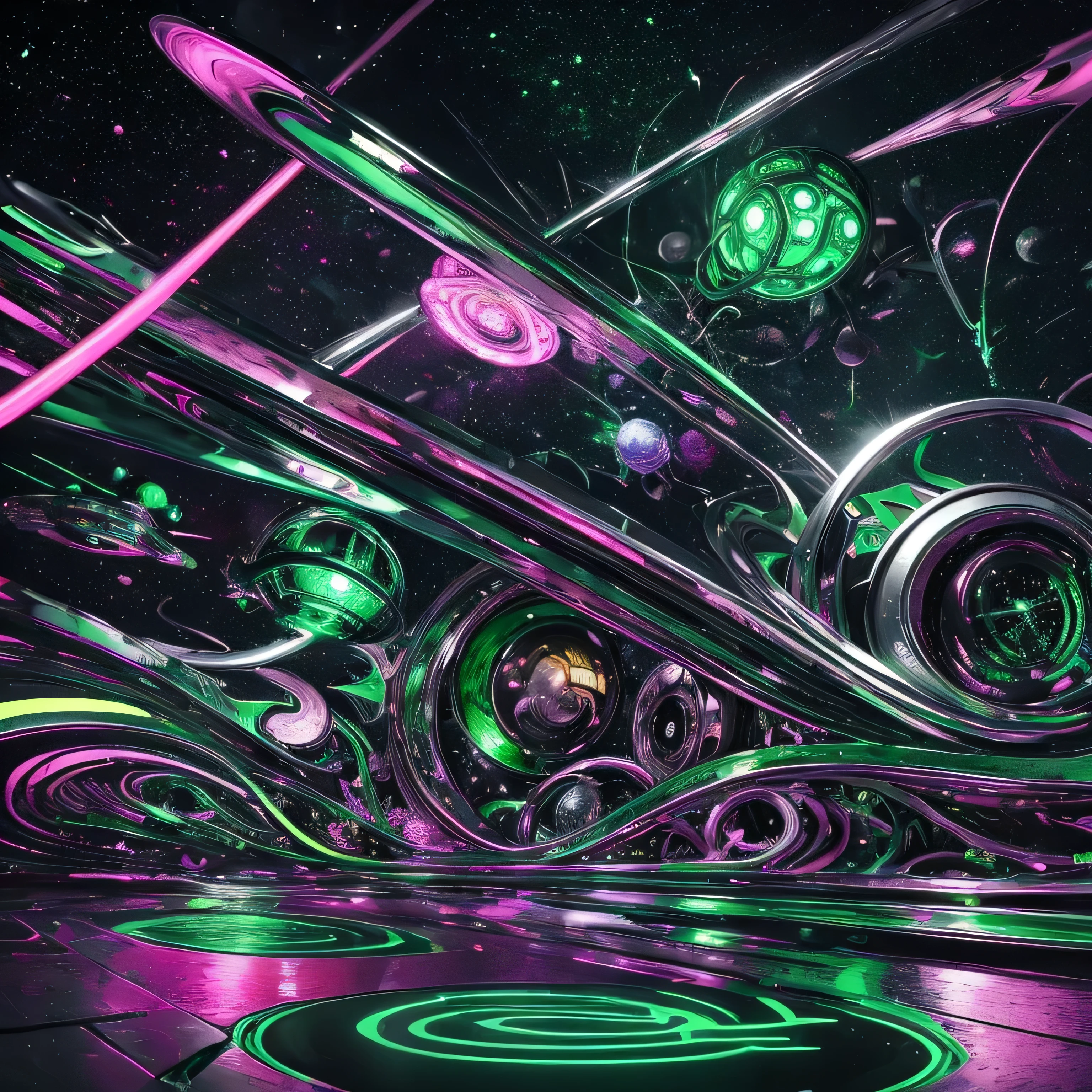 Chromed oil painting in shiny silver, green, and pink tones, the Portuguese word 'PSYWORMS' in 3D, cartoon green font, surrounded by silver and pink neon spaceships, galaxies in the sky, and a nightmarish horror