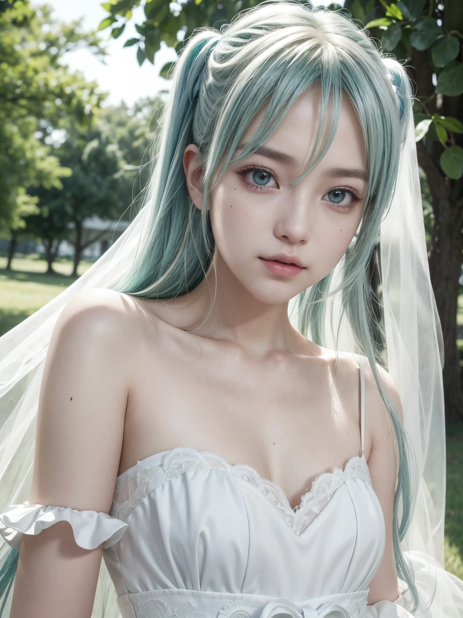 Hatsune Miku、pfotorealistic, Highresolution, 1 woman, white-haired, Korean, Heterochromia eyes, Small moles under the eyes,outdoor、wedding dress