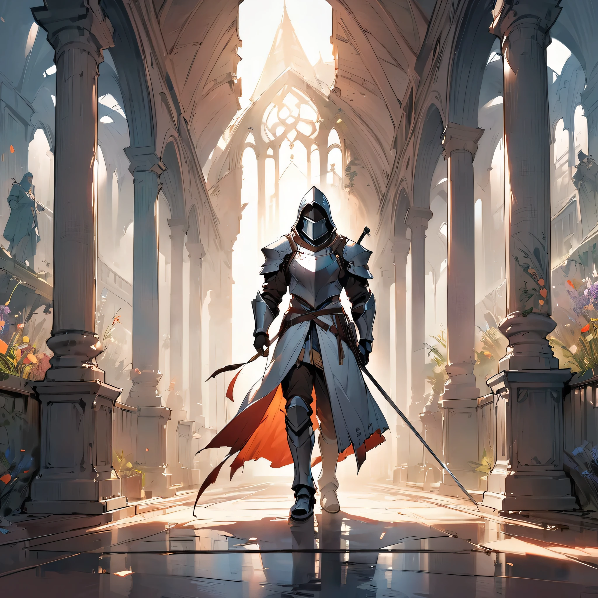 Arknight, Doctor,Knight in detailed silver armor with double-edged sword in right hand, volumetric light, oil painting, 16mm, low angle filmed around a large medieval hall with columns. Arte de Yoji Shinkawa, symmetrical Qireatár iris, approaching perfection, forma pura, minimalista, isometric, arte conceitual de Brian Froud, de Carne Griffiths, de Wadim Kashin, de John William Waterhouse, detalhes intrincados, 8k post production, high resolution, TanvirTamim, hiperdetalhado, trends in artstation, sharp focus, studio photo, detalhes intrincados, altamente detalhado, por greg rutkowski