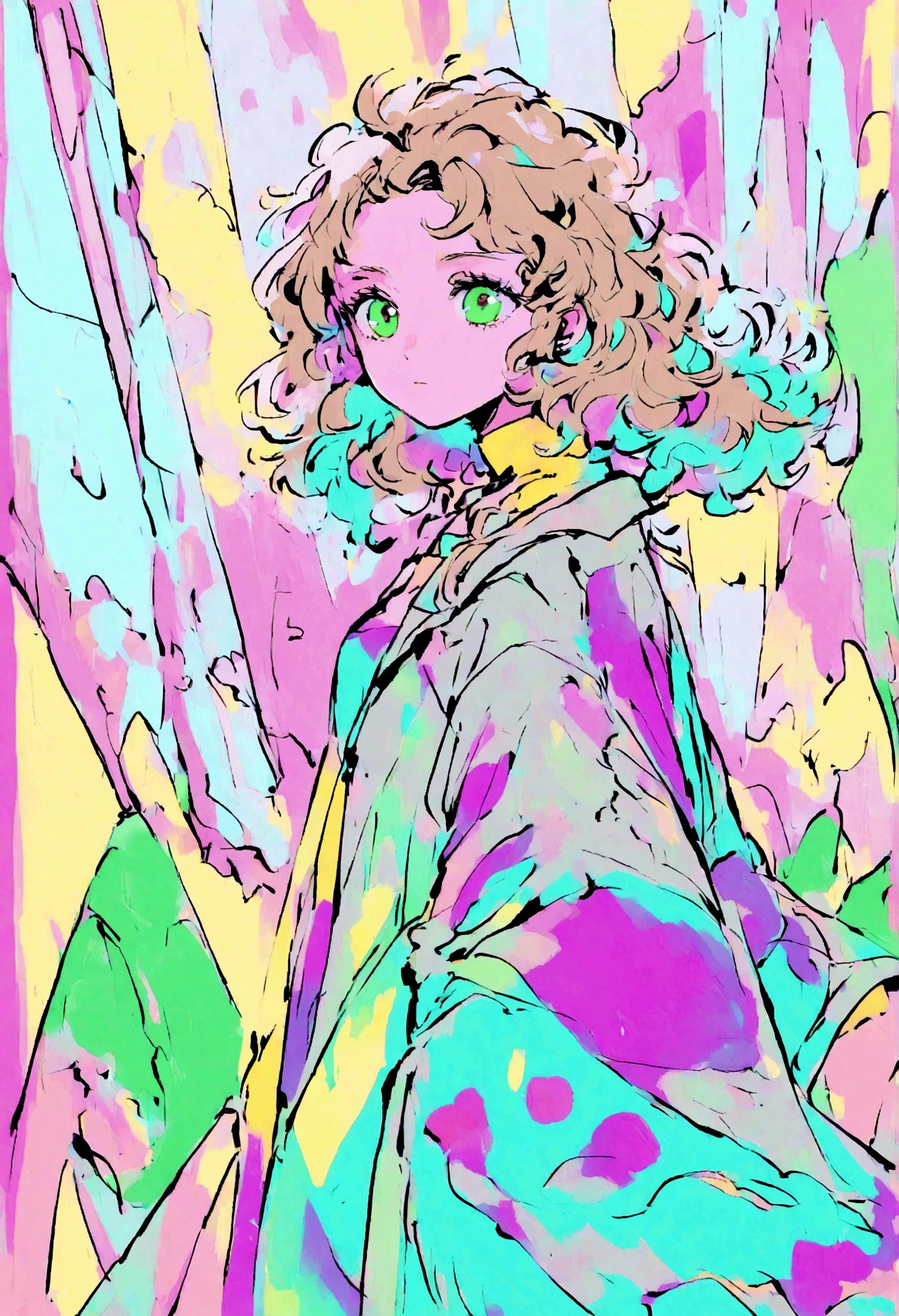 draw style with color, female with short light brown messy hair, green eyes, 19 years, wearing pretty clothes walking