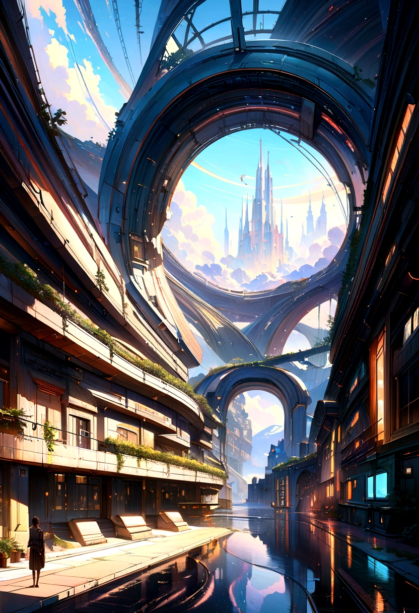 (masterpiece, best quality, ultra-detailed:1.2, realistic, super photorealistic, realistic illustration, 8k),
professional color grading, sharp focus, professional lighting, depth of field, ((landscape)), ((sci-fi movie)), ((concept art))
A highly detailed anime-style still art, Ghibli studio style, masterpiece, official art, professional, ((ultra-detailed)), 8k, ((Not show people)), Arabesque pattern, city where everything is made of reflective surfaces and mirrors, creating infinite reflections and a sense of endless space. The architecture is abstract and futuristic, with floating buildings and pathways made of light. The sky is a shifting blend of colors, with auroras and shimmering lights creating an ethereal atmosphere. The city is inhabited by ethereal beings who navigate the mirrored landscape with grace and fluidity