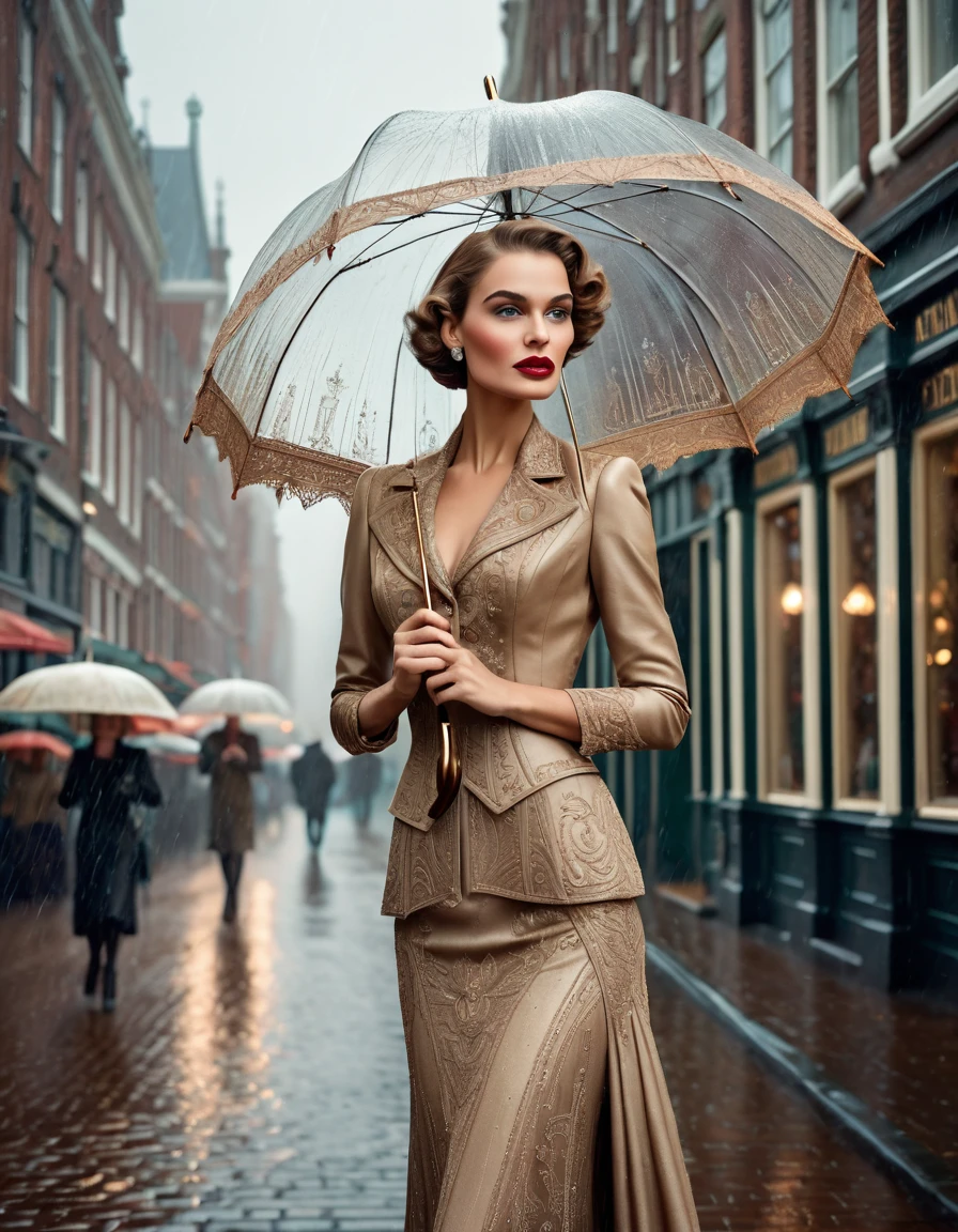 A classic vintage color portrait photograph of a Dutch woman with a detailed face, elegantly wearing a traditional non-Dutch kebaya, holding a folded umbrella, and strolling through a small city during a light rain. The backdrop features beautiful Art Deco architecture reminiscent of the 1920s, with ultra sharp focus and intricate detail, including art-nouveau posters, street signs, vintage signage in the background, creating an atmosphere of romance and nostalgia. The portrait captures a moment of grace and poise, highlighting the fashion and architecture of the era, with a cinematic quality, masterpiece, professional photography for luxury fashion magazine