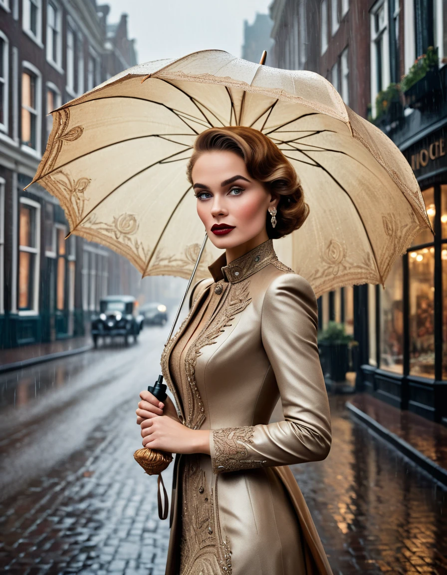 A classic vintage color portrait photograph of a Dutch woman with a detailed face, elegantly wearing a traditional non-Dutch kebaya, holding a folded umbrella, and strolling through a small city during a light rain. The backdrop features beautiful Art Deco architecture reminiscent of the 1920s, with ultra sharp focus and intricate detail, including art-nouveau posters, street signs, vintage signage in the background, creating an atmosphere of romance and nostalgia. The portrait captures a moment of grace and poise, highlighting the fashion and architecture of the era, with a cinematic quality, masterpiece, professional photography for luxury fashion magazine