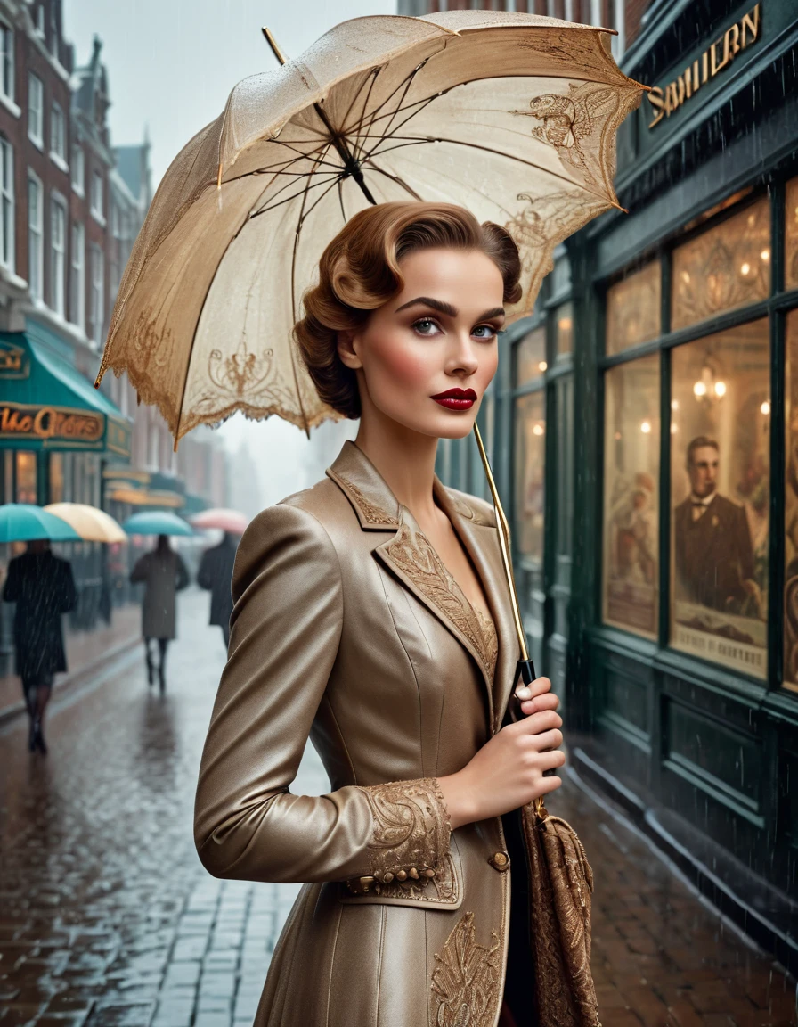 A classic vintage color portrait photograph of a Dutch woman with a detailed face, elegantly wearing a traditional non-Dutch kebaya, holding a folded umbrella, and strolling through a small city during a light rain. The backdrop features beautiful Art Deco architecture reminiscent of the 1920s, with ultra sharp focus and intricate detail, including art-nouveau posters, street signs, vintage signage in the background, creating an atmosphere of romance and nostalgia. The portrait captures a moment of grace and poise, highlighting the fashion and architecture of the era, with a cinematic quality, masterpiece, professional photography for luxury fashion magazine