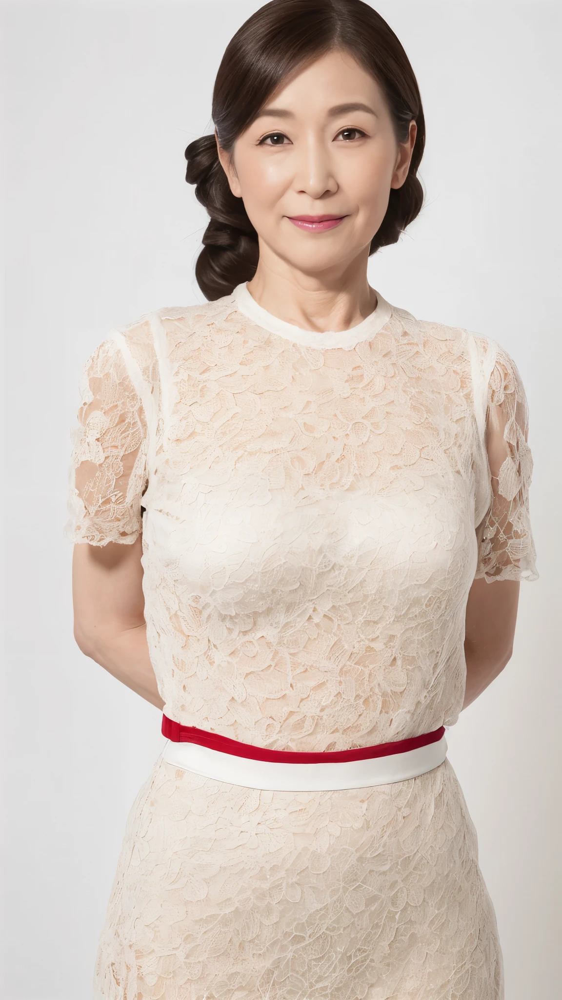 ((Bromides of pre-war stars)), Late Elderly, Aged face, Perfect composition, ((Fractal Art)), (((masterpiece))), 8k, Clear images, (((alone))), (((Asian Beauty))), Pure white background, Natural Hair Color, Hands behind back, Refreshing early summer outfit, Alluring, ((Elderly)), Depict lips accurately,Red lips, Flashy makeup, (((alone))), (((Perfect Anatomy))), Depicting ears correctly, Pure white background, gravure, Upright posture, smile, ((Beautiful mature woman)), highest quality, Very detailed, Realistic, Very detailed細なスキン, (Madame), (The corners of the mouth are turned up), 120 years old, Huge breasts, Mature Politician, Glamour, sexy, Pure white skin, Natural hairstyle, Comfortable clothing,