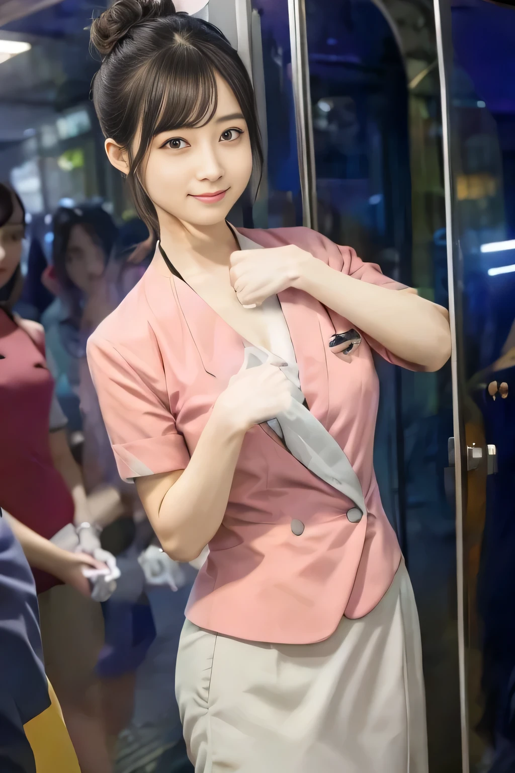 (masterpiece:1.2, highest quality:1.2), 32K HDR, High resolution, (alone、1 girl)、(On the rooftop of a building in the daytime、Professional Lighting)、Building rooftop background、(Nankai train crew uniform pinkを着たリアルスタイル)、(Nankai train crew uniform pink short sleeve collarless pink jacket、Nankai Train Crew Uniform Pink Collarless Short Sleeve Blouse、Nankai Train Crew Uniform Pink Grey Knee-length Culottes)、Dark brown hair、(Hair tied up、Hair Bun、Hair Bun)、Dark brown hair、Long Shot、Big Breasts、Thin legs、((Great hands:2.0)),((Harmonious body proportions:1.5)),((Normal limbs:2.0)),((Normal finger:2.0)),((Delicate eyes:2.0)),((Normal eyes:2.0)))、smile、(Nankai Train Crew Uniform Pink Grey Knee-length Culottesを見せた美しい歩く姿)、Holding hands