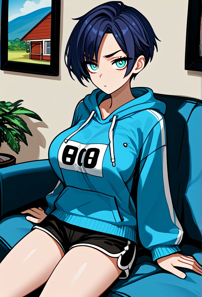 mature woman, tomboy, hot face, pouting expression, gasping for air, (sharp eyes), cyan eyes, (short hair, pixie hairstyle, dark blue hair, dark hair), fit body, big breast, short pants, hot pants, sweatshirt, (living room, normal living room), sitting on the couch, close up view, holding viewer's hand