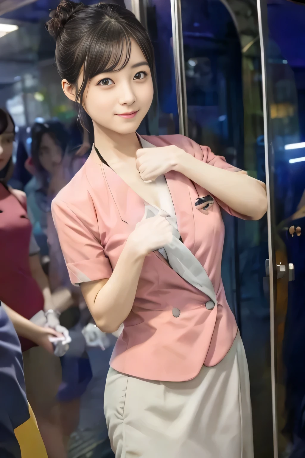 (masterpiece:1.2, highest quality:1.2), 32K HDR, High resolution, (alone、1 girl)、(On the rooftop of a building in the daytime、Professional Lighting)、Building rooftop background、(Nankai train crew uniform pinkを着たリアルスタイル)、(Nankai train crew uniform pink short sleeve collarless pink jacket、Nankai Train Crew Uniform Pink Collarless Short Sleeve Blouse、Nankai Train Crew Uniform Pink Grey Knee-length Culottes)、Dark brown hair、(Hair tied up、Hair Bun、Hair Bun)、Dark brown hair、Long Shot、Big Breasts、Thin legs、((Great hands:2.0)),((Harmonious body proportions:1.5)),((Normal limbs:2.0)),((Normal finger:2.0)),((Delicate eyes:2.0)),((Normal eyes:2.0)))、smile、(Nankai Train Crew Uniform Pink Grey Knee-length Culottesを見せた美しい歩く姿)、Holding hands
