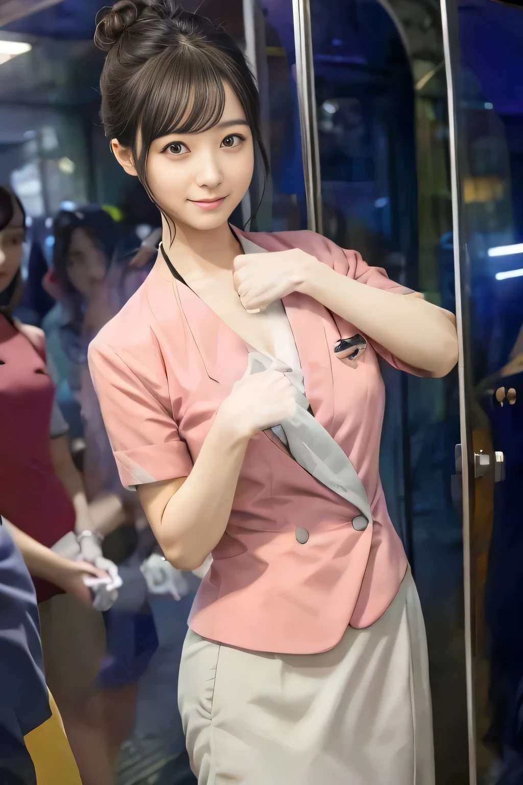 (masterpiece:1.2, highest quality:1.2), 32K HDR, High resolution, (alone、1 girl)、（On the rooftop of a building in the daytime、Professional Lighting）、Building rooftop background、（Nankai train crew uniform pinkを着たリアルスタイル）、（Nankai train crew uniform pink short sleeve collarless pink jacket、Nankai Train Crew Uniform Pink Collarless Short Sleeve Blouse、Nankai Train Crew Uniform Pink Grey Knee-length Culottes）、Dark brown hair、（Hair tied up、Hair Bun、Hair Bun）、Dark brown hair、Long Shot、Big Breasts、Thin legs、（（Great hands：2.0）），（（Harmonious body proportions：1.5）），（（Normal limbs：2.0）），（（Normal finger：2.0）），（（Delicate eyes：2.0）），（（Normal eyes：2.0））)、smile、（Nankai Train Crew Uniform Pink Grey Knee-length Culottesを見せた美しい歩く姿）、Holding hands