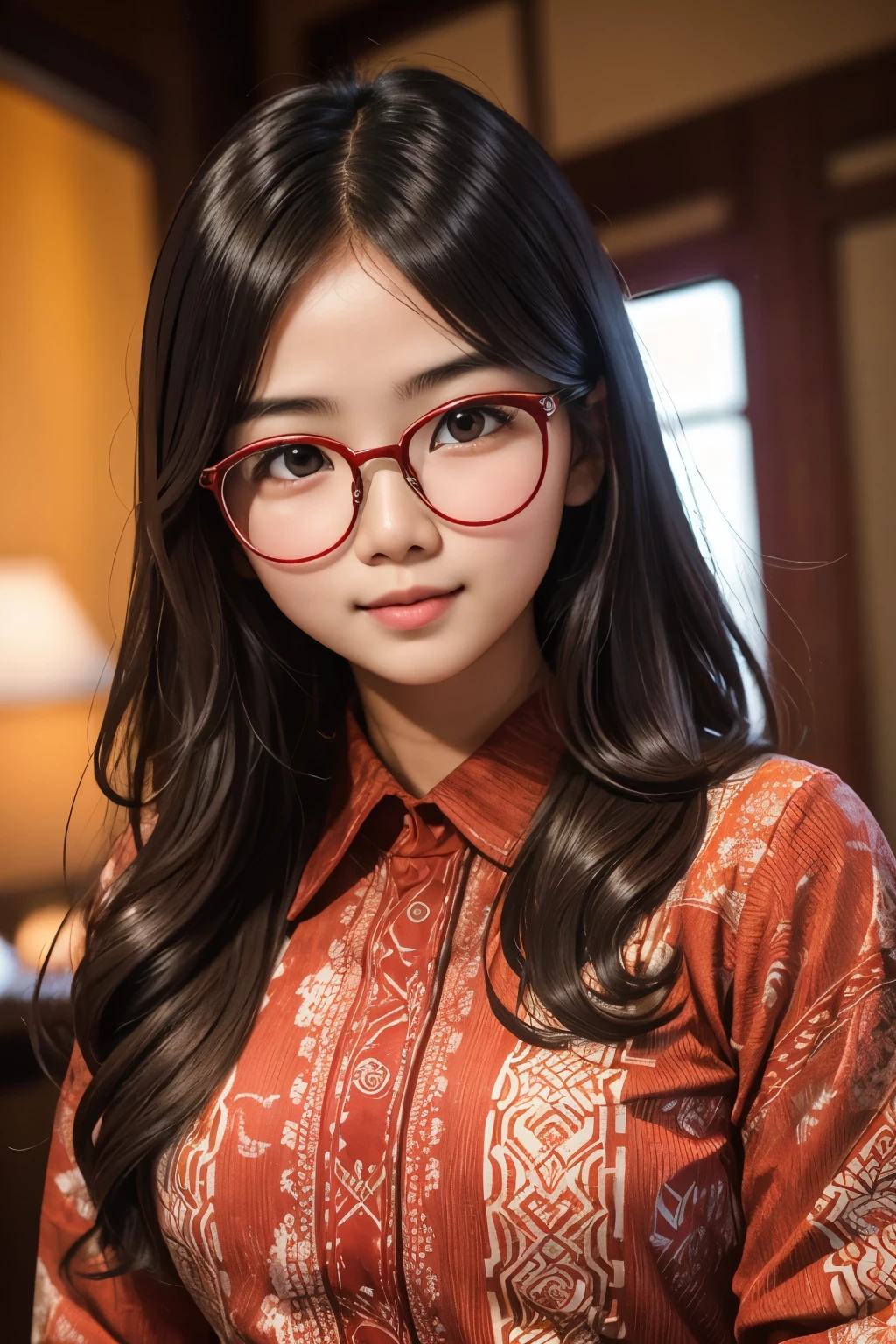 detailed face of photo. 20 year old white skin slim body Indonesian girl with a sweet face, round face chubby face and long brown wavy hair, round glasses
wearing batik pattern red shirt in wedding party