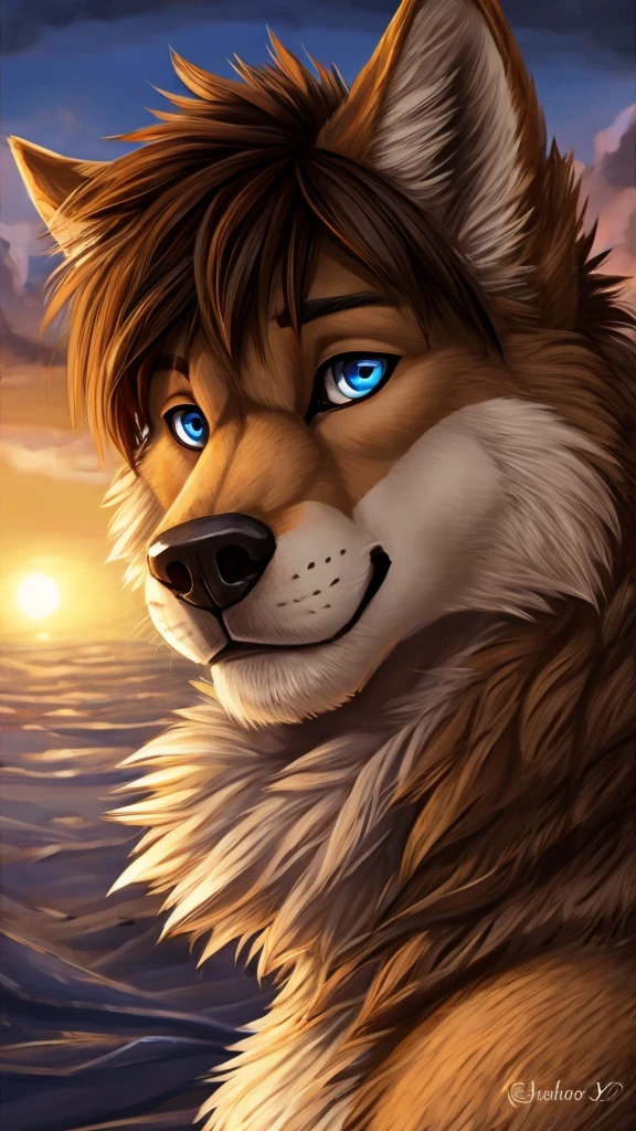 a tan male furry wolf, cute snout, black nose, tan ears, brown shaggy hair, blue eyes, looking ahead