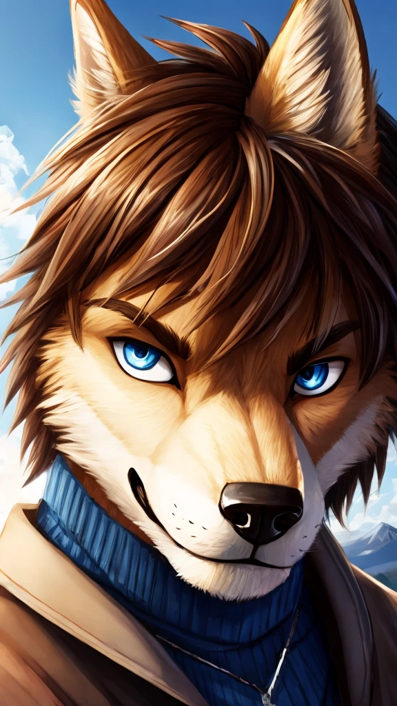 a tan male furry wolf, cute snout, black nose, tan ears, brown shaggy hair, blue eyes, looking ahead