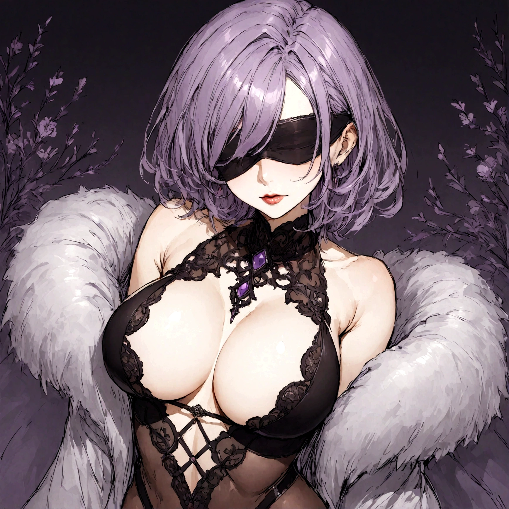 a sexy milf with a blindfold on, has long purple hair, wearing fur lined sheer robe, breasts, showing cleavage