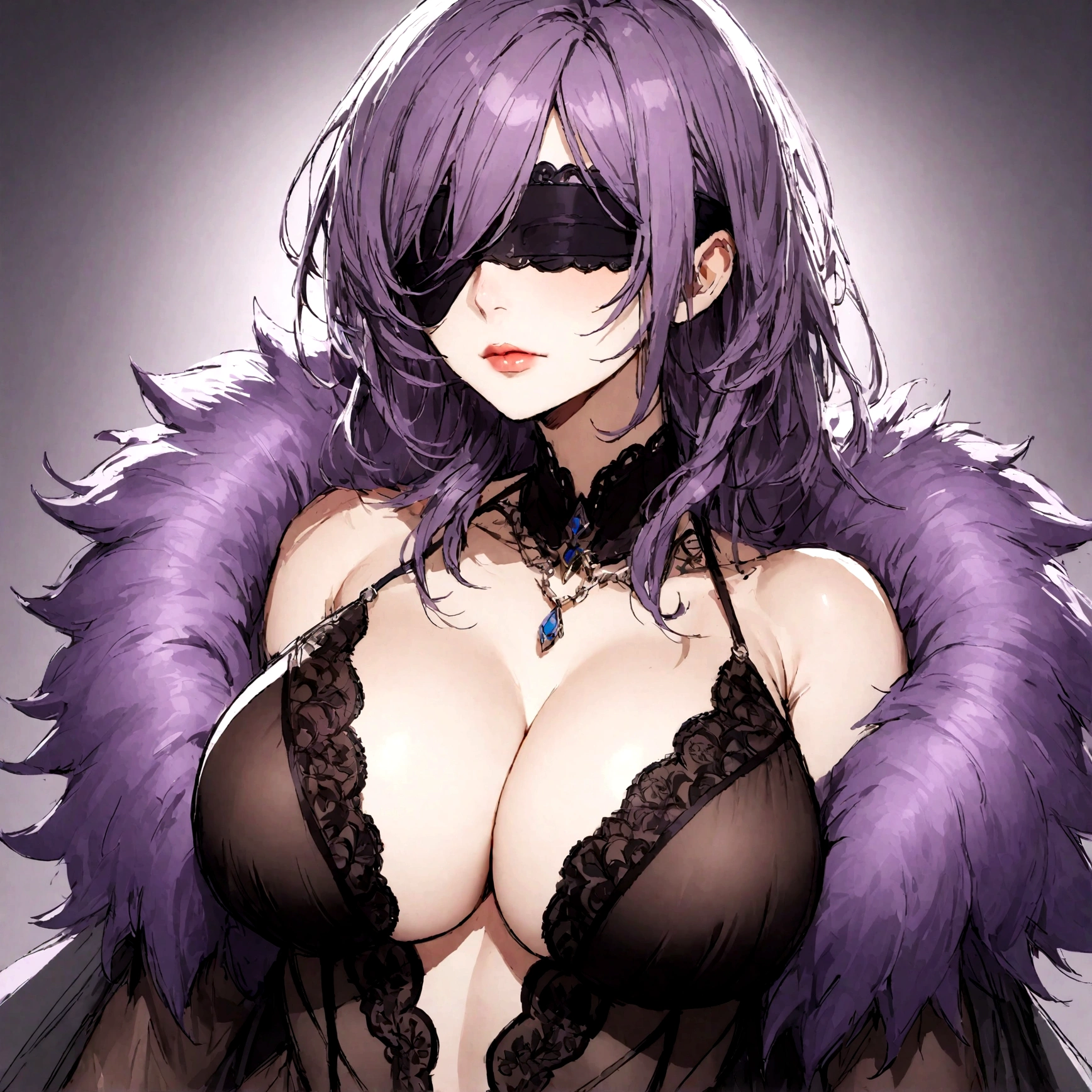 a sexy milf with a blindfold on, has long purple hair, wearing fur lined sheer robe, breasts, showing cleavage
