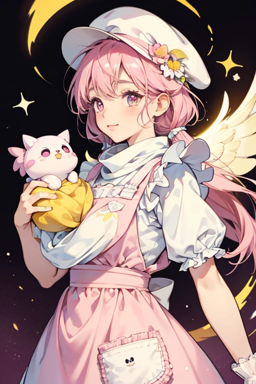 MamaKoppetchi has light yellow skin and a pink beak. Her eyes are oval-shaped with brown irises and three eyelashes on each side. She has plump cheeks and light orange cheek spots. She wears a white apron with a pocket on the front, and a pink scarf. She also wears a hat shaped like a loaf of bread with frilly trim along the bottom. She often carries a pair of light pink tongs. SPARKLE; GLITTER