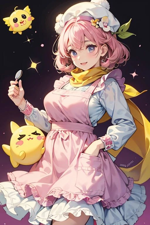 MamaKoppetchi has light yellow skin and a pink beak. Her eyes are oval-shaped with brown irises and three eyelashes on each side. She has plump cheeks and light orange cheek spots. She wears a white apron with a pocket on the front, and a pink scarf. She also wears a hat shaped like a loaf of bread with frilly trim along the bottom. She often carries a pair of light pink tongs. SPARKLE; GLITTER