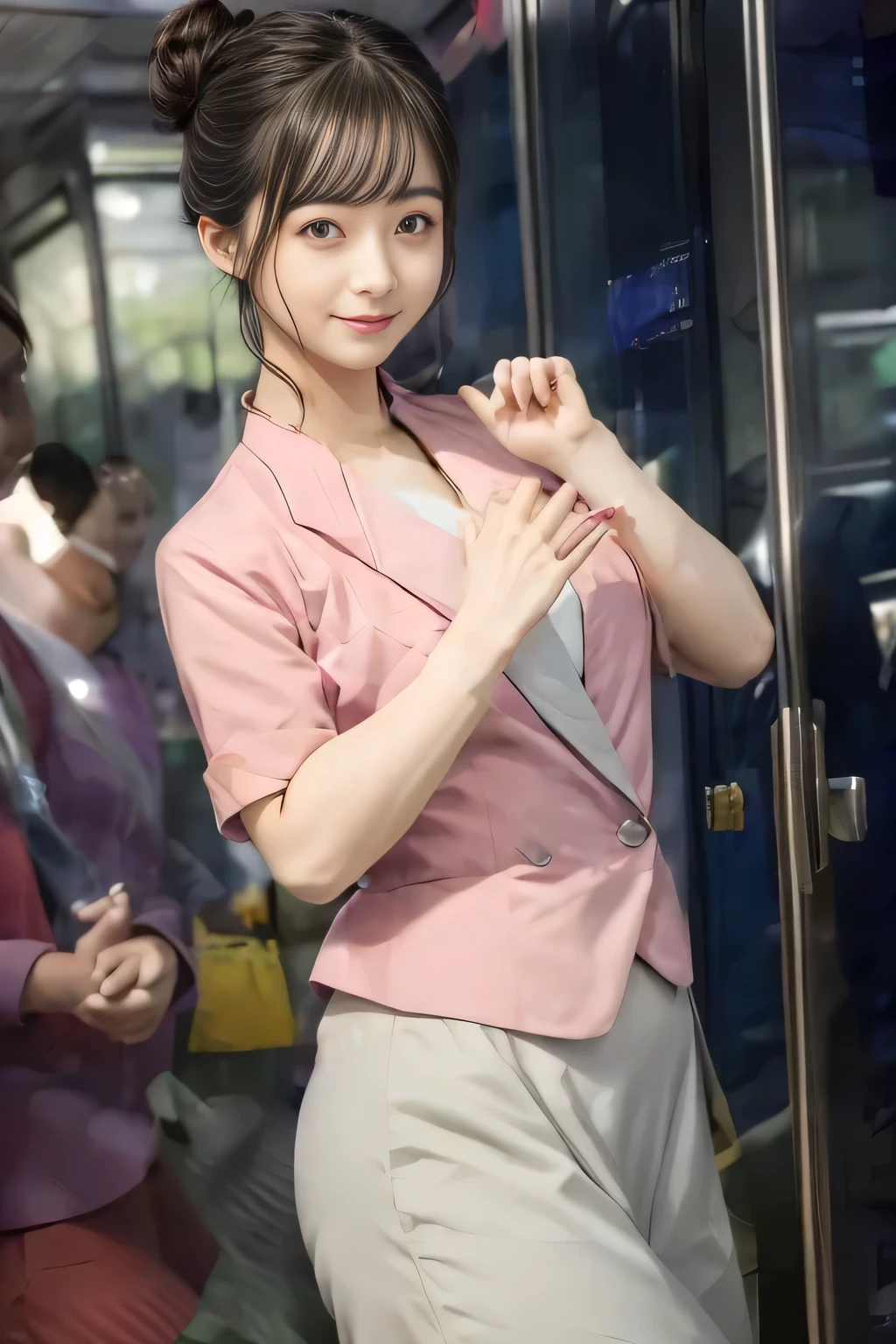(masterpiece:1.2, highest quality:1.2), 32K HDR, High resolution, (alone、1 girl)、(On the rooftop of a building in the daytime、Professional Lighting)、Building rooftop background、(Nankai train crew uniform pinkを着たリアルスタイル)、(Nankai train crew uniform pink short sleeve collarless pink jacket、Nankai Train Crew Uniform Pink Collarless Short Sleeve Blouse、Nankai Train Crew Uniform Pink Grey Knee-length Culottes)、Dark brown hair、(Hair tied up、Hair Bun、Hair Bun)、Dark brown hair、Long Shot、Big Breasts、Thin legs、((Great hands:2.0)),((Harmonious body proportions:1.5)),((Normal limbs:2.0)),((Normal finger:2.0)),((Delicate eyes:2.0)),((Normal eyes:2.0)))、smile、(Nankai Train Crew Uniform Pink Grey Knee-length Culottesを見せた美しい歩く姿)、Place your hands around your stomach