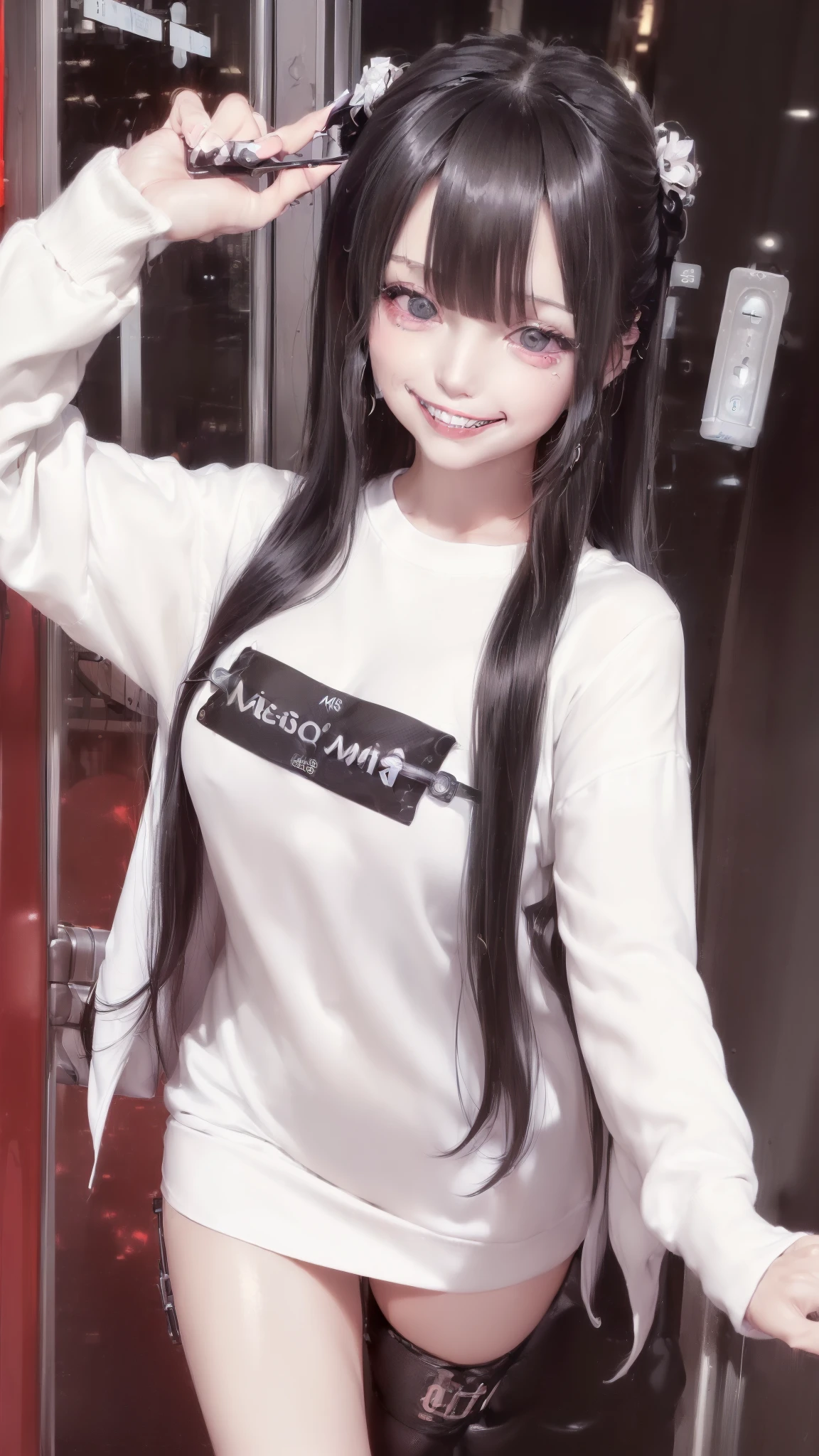 (Safety Sensor、sfw:1.8, Approved as safe、Can be viewed:1.8),masterpiece、masterpiece、highest quality、highest quality、Accurate the human body、Lighting to suit the mood、Accurate、Elaborate、masterpiece、Exquisite facial detail、Detailed Background、Background Blur、Detailed and beautiful background、Accurate 5-finger、Accurate human body、The perfect human body、
break、
(Straight long Black hair、Heavy bangs、White skin、Super big boobs:1.5、nightlife:1.8, night:1.6, Dim lighting:1.8, jirai girl:1.5, jirai makeup:1.2、Oversized long T-shirt:1.5,No underwear:1.5,Vulgar Grin:1.8, Mesgaquismiles:1.8), Sexually provocative girl:1.8、Downtown at night、Big city、A street corner in the red light district at night、crowd:1.8