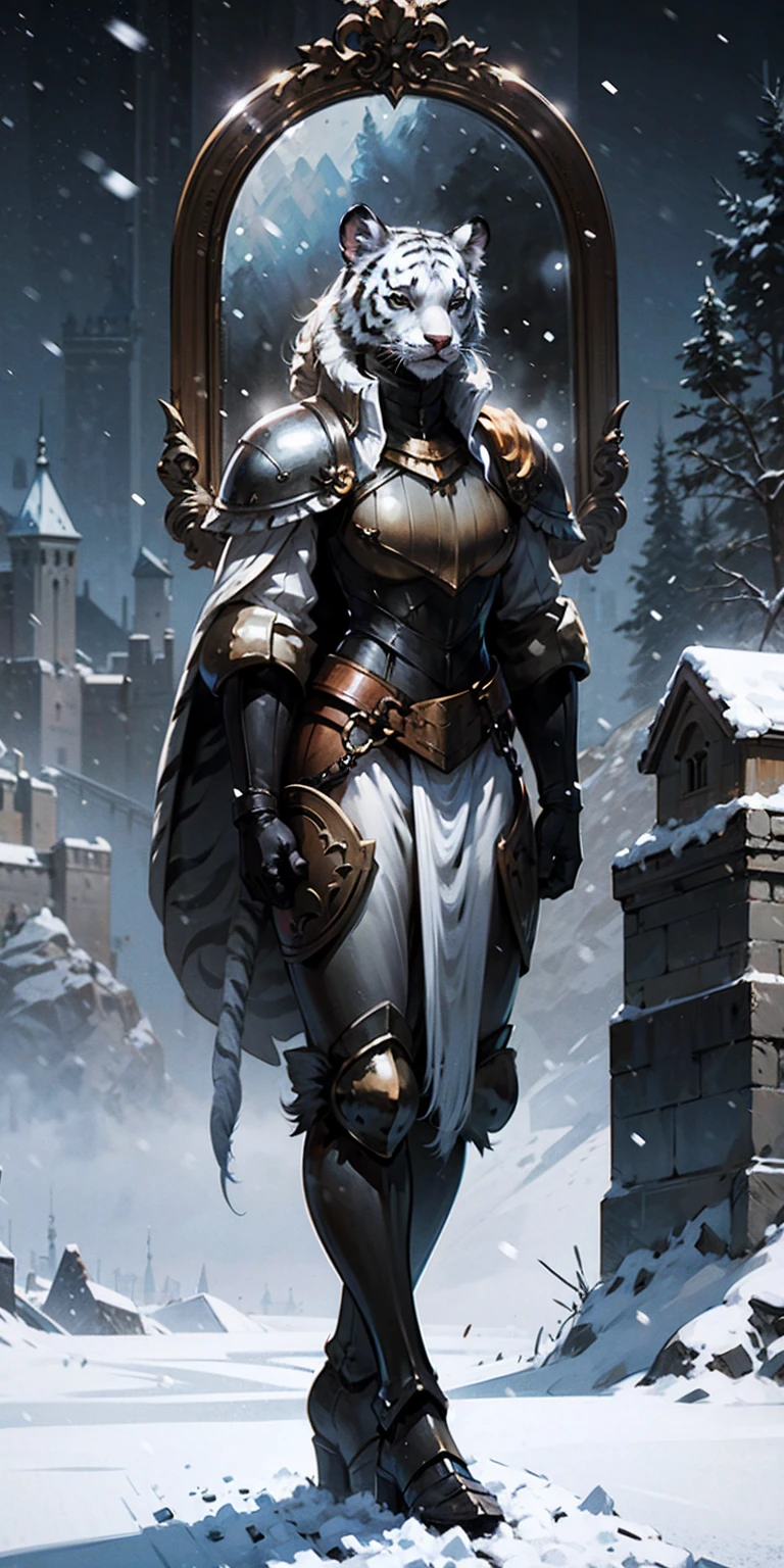 Furry white tiger woman stands on the street of a snowy castle, wearing shining armor (armor with a mirror surface) and a fur cape, winter, snowing, Medieval times, fantasy, white tiger woman, (Women - White Tiger), (Furry), Sakimichan art, white and black palette