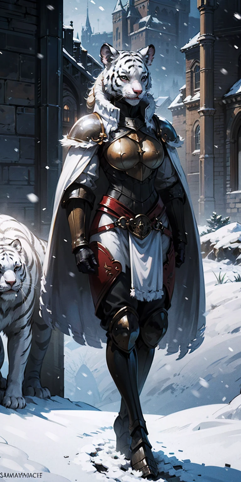 Furry white tiger woman stands on the street of a snowy castle, wearing shining armor (armor with a mirror surface) and a fur cape, winter, snowing, Medieval times, fantasy, white tiger woman, (Women - White Tiger), (Furry), Sakimichan art, white and black palette